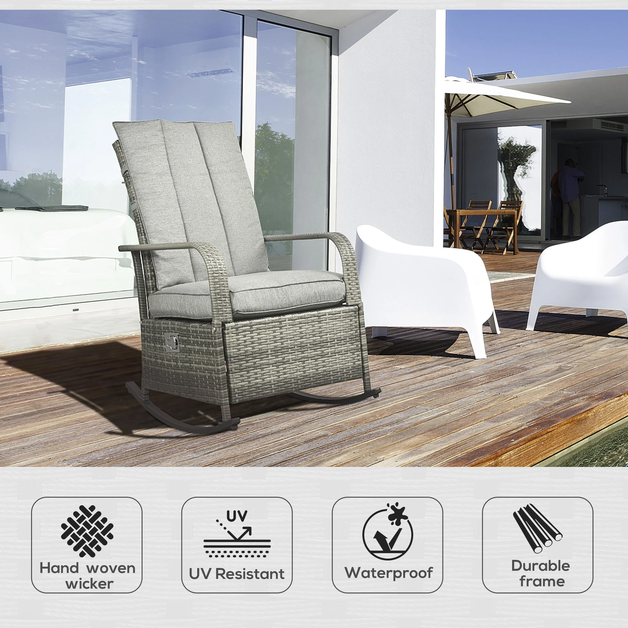 Outdoor Cushioned PE Rattan Recliner Chair with Adjustable Footrest & Armrests, Mixed Grey - Image 6