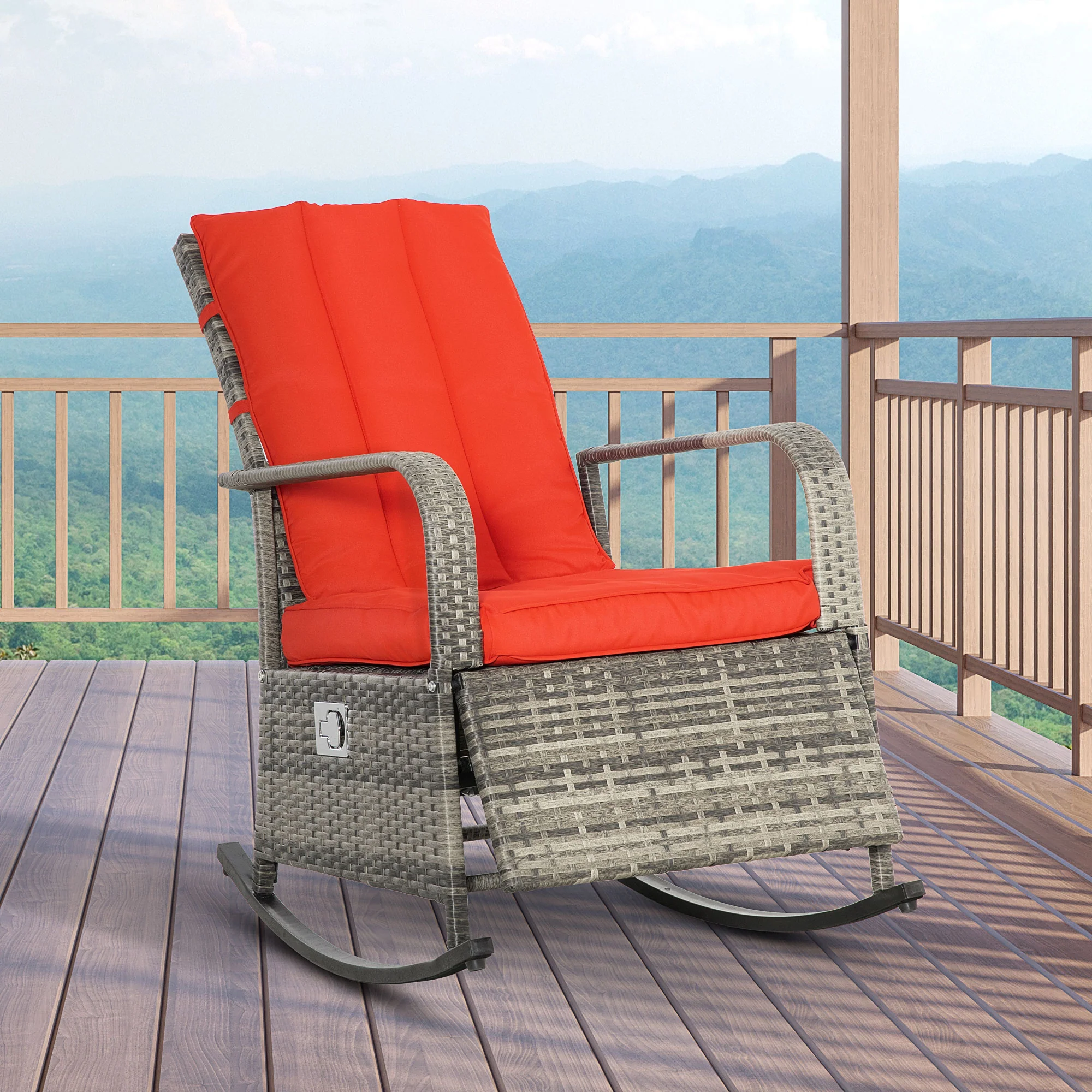 Outdoor Cushioned PE Rattan Recliner Chair with Adjustable Footrest & Armrests, Red - Image 4