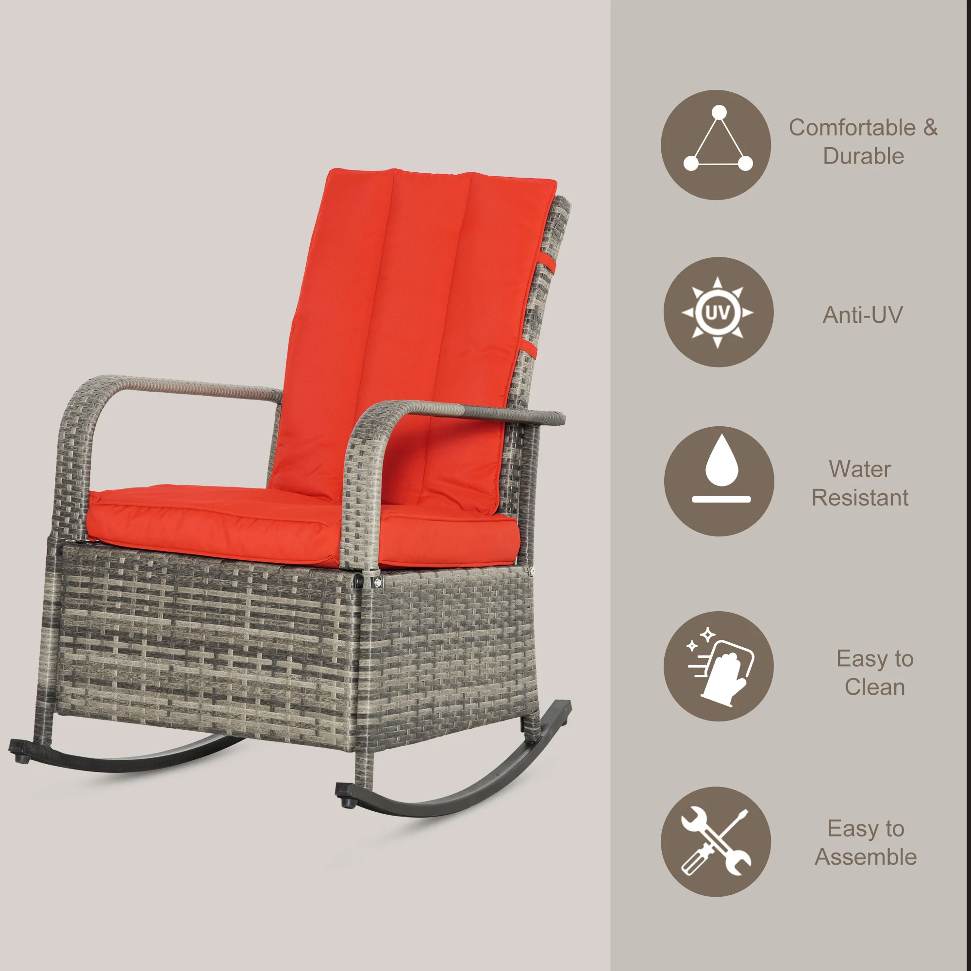 Outdoor Cushioned PE Rattan Recliner Chair with Adjustable Footrest & Armrests, Red - Image 6