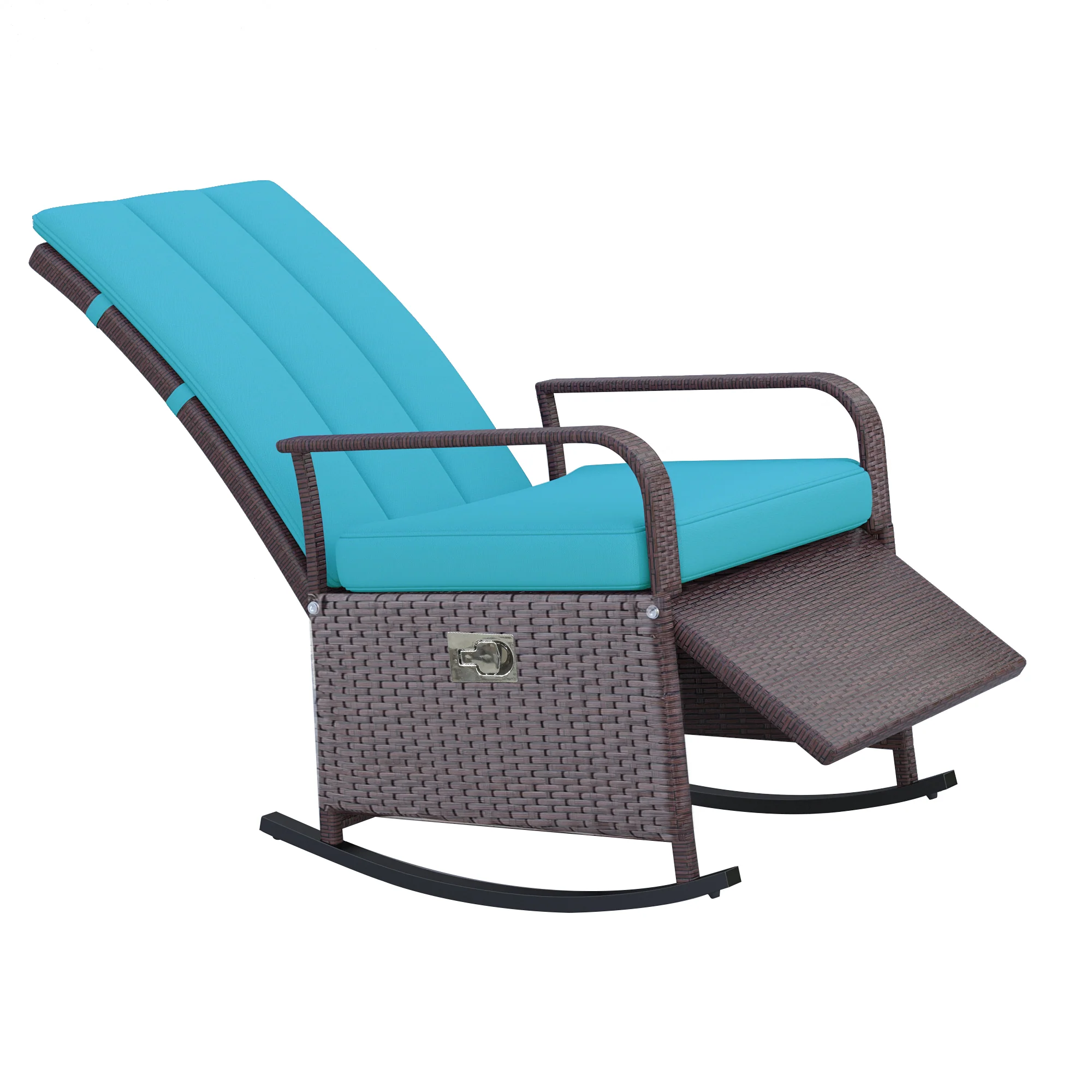 Outdoor Cushioned PE Rattan Recliner Chair with Adjustable Footrest & Armrests, Turquoise - Image 2