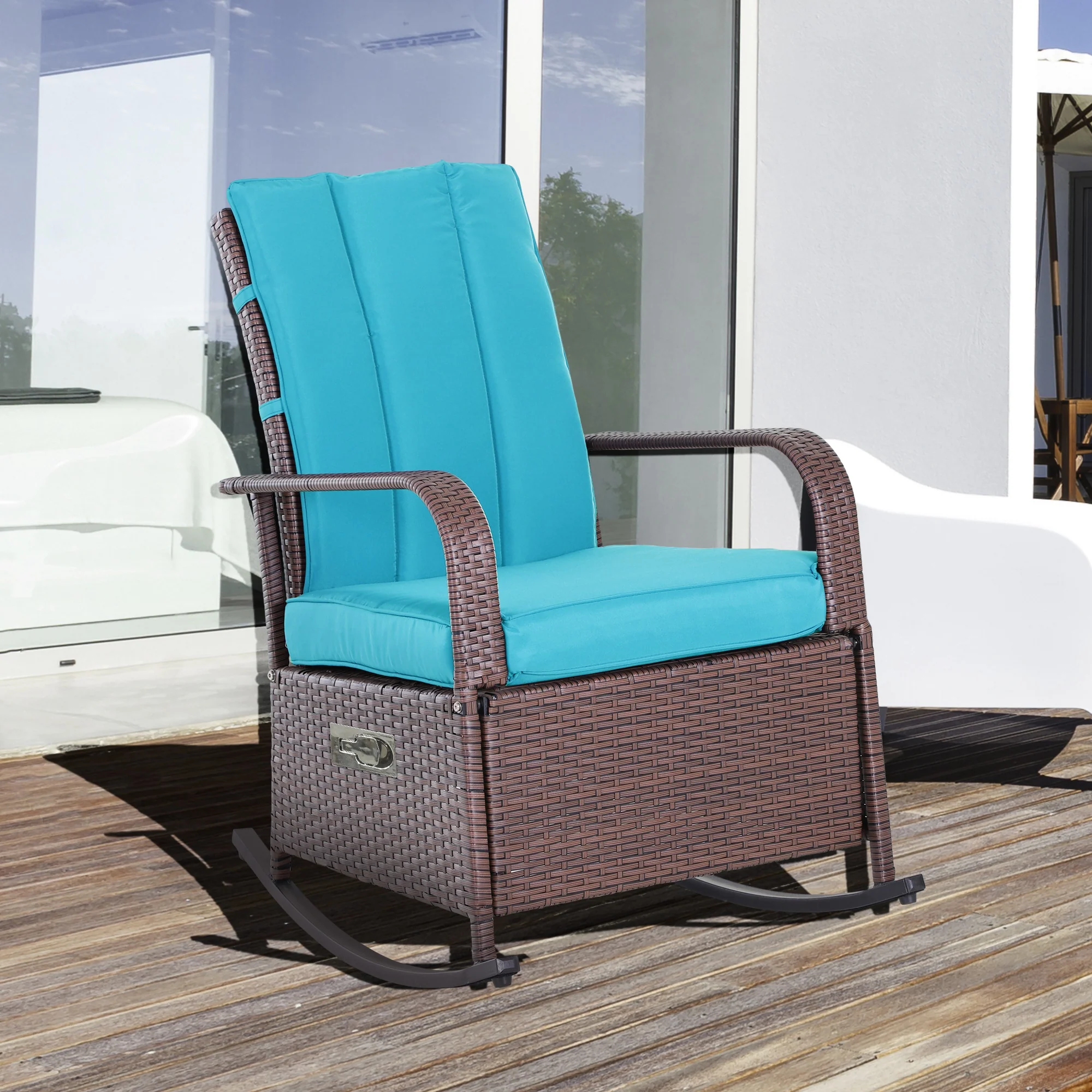 Outdoor Cushioned PE Rattan Recliner Chair with Adjustable Footrest & Armrests, Turquoise - Image 4