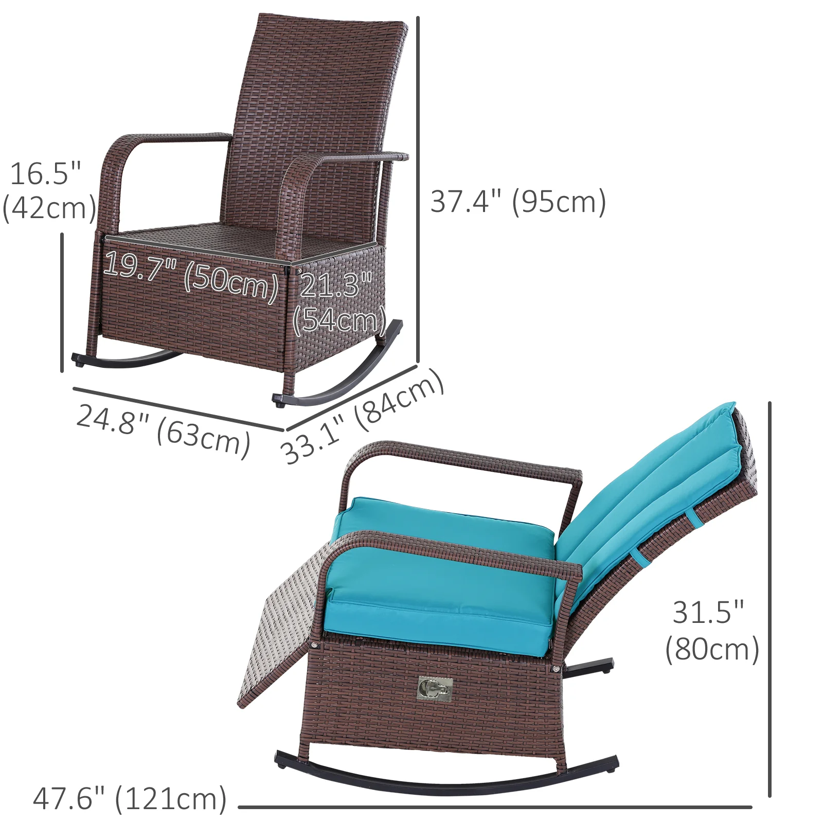 Outdoor Cushioned PE Rattan Recliner Chair with Adjustable Footrest & Armrests, Turquoise - Image 5