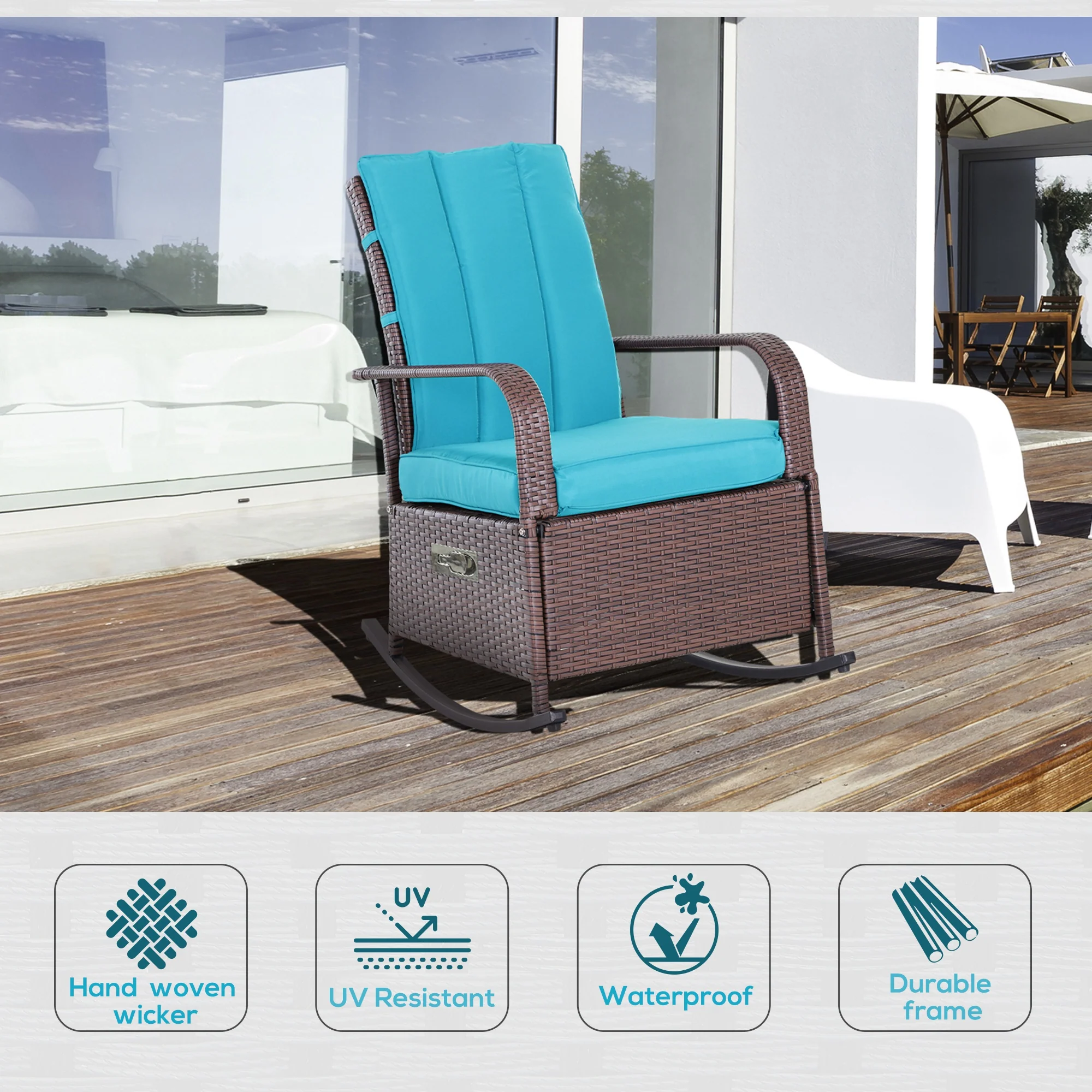 Outdoor Cushioned PE Rattan Recliner Chair with Adjustable Footrest & Armrests, Turquoise - Image 6