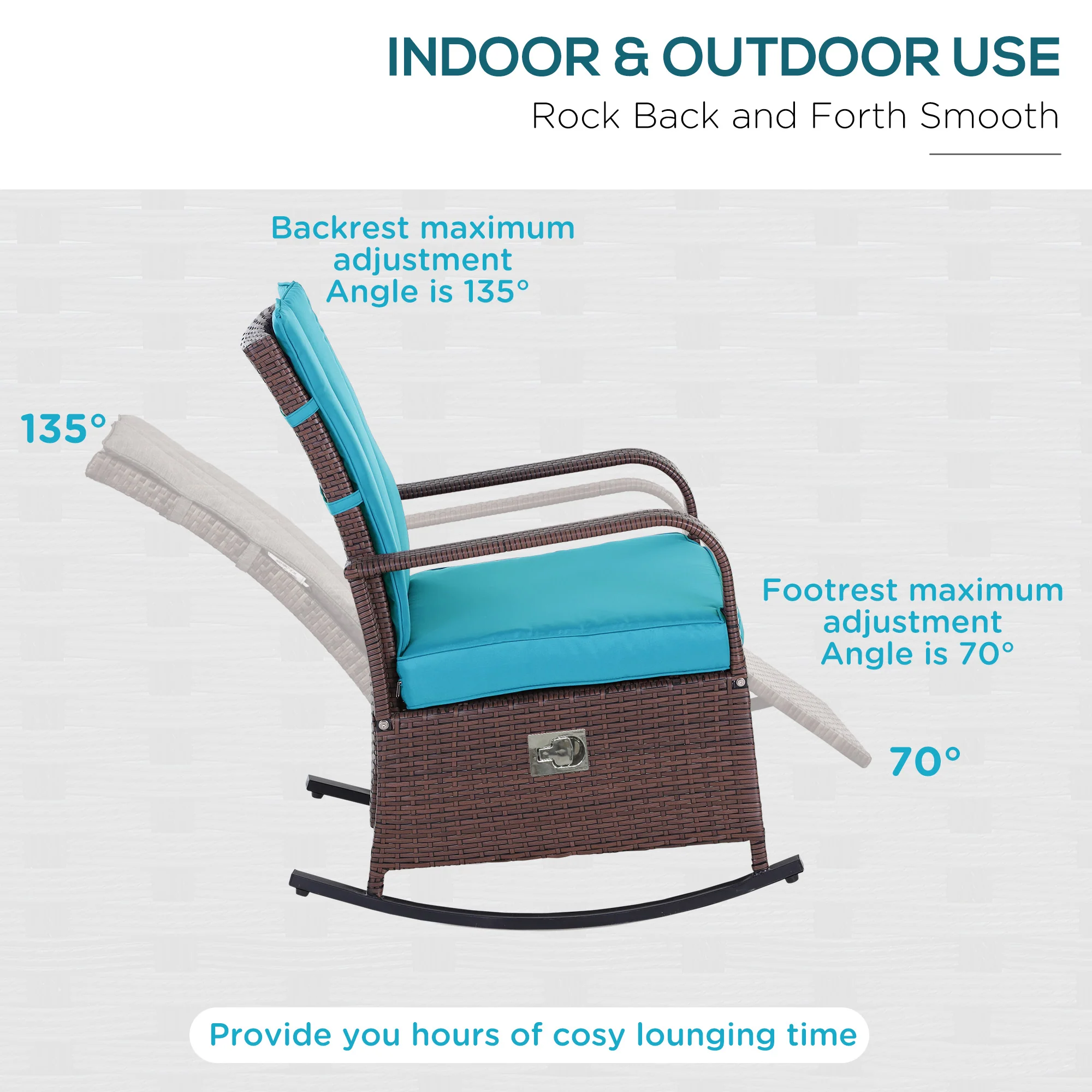 Outdoor Cushioned PE Rattan Recliner Chair with Adjustable Footrest & Armrests, Turquoise - Image 7