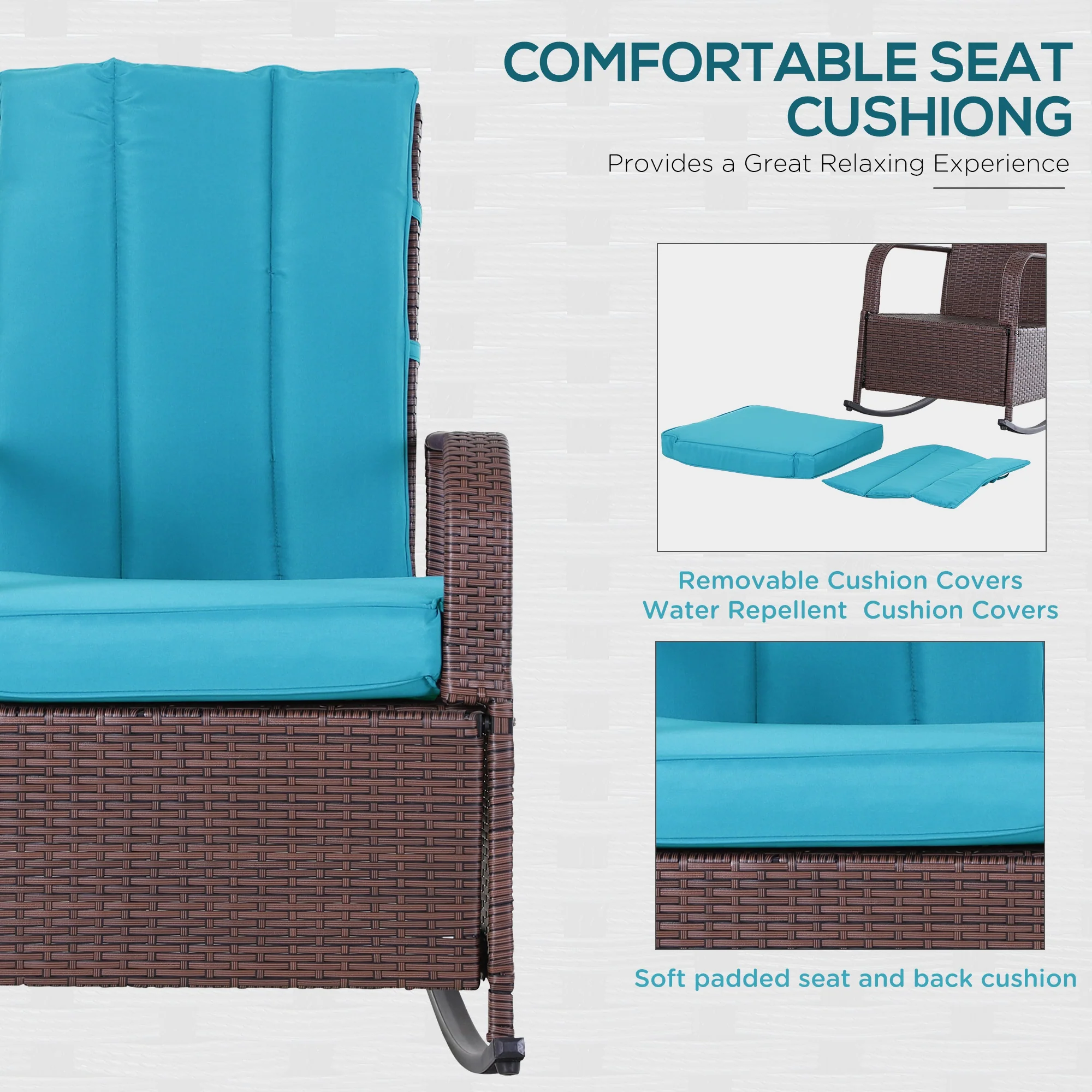 Outdoor Cushioned PE Rattan Recliner Chair with Adjustable Footrest & Armrests, Turquoise - Image 8
