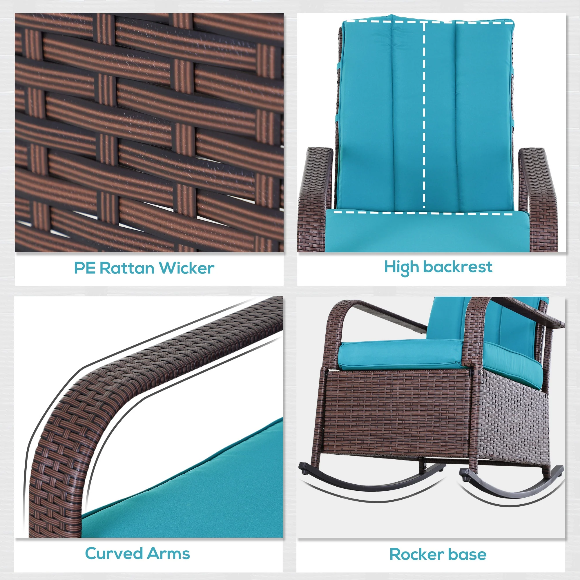 Outdoor Cushioned PE Rattan Recliner Chair with Adjustable Footrest & Armrests, Turquoise - Image 9