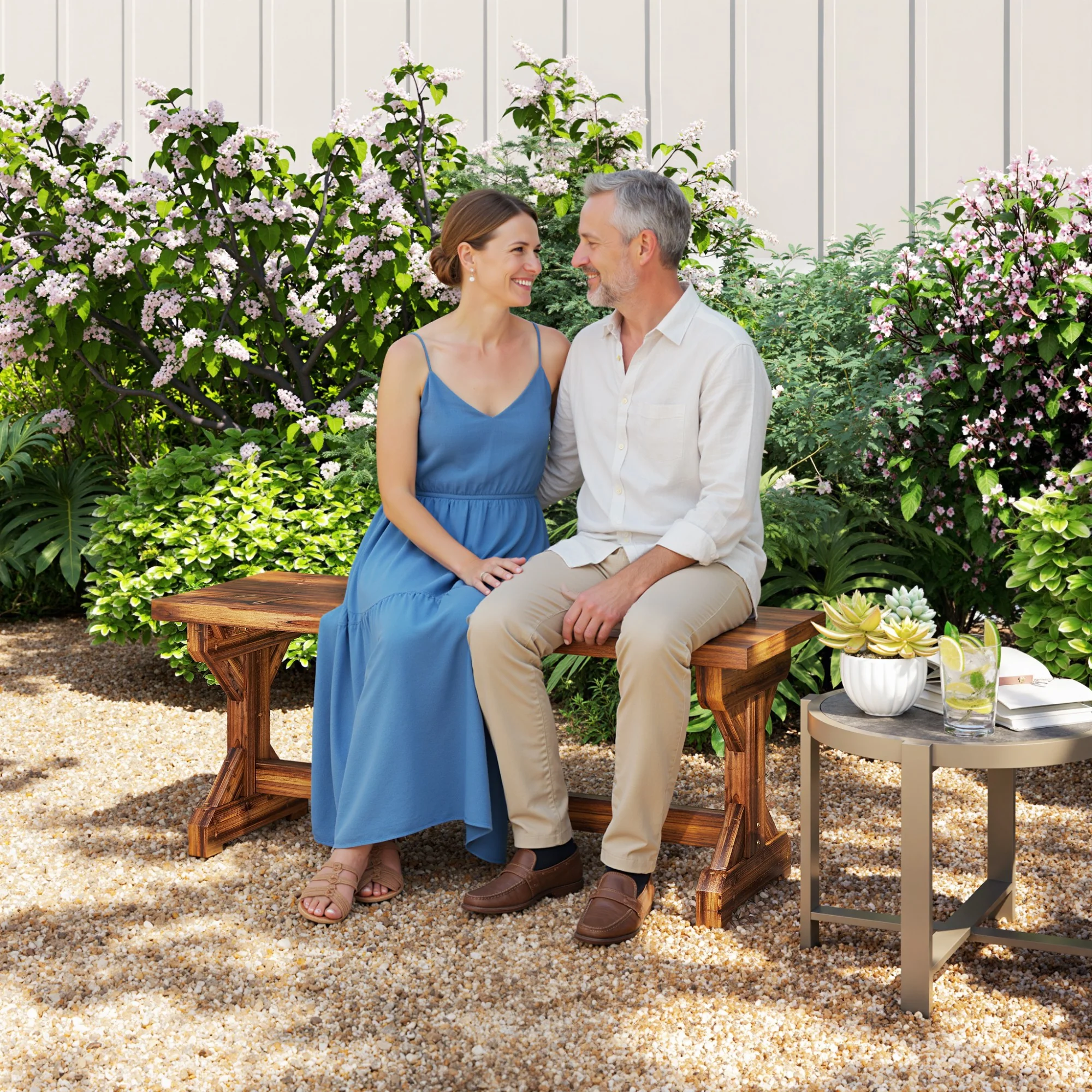 2-Person Outdoor Wooden Bench with Farmhouse X-Shaped Base, Carbonized - Image 3