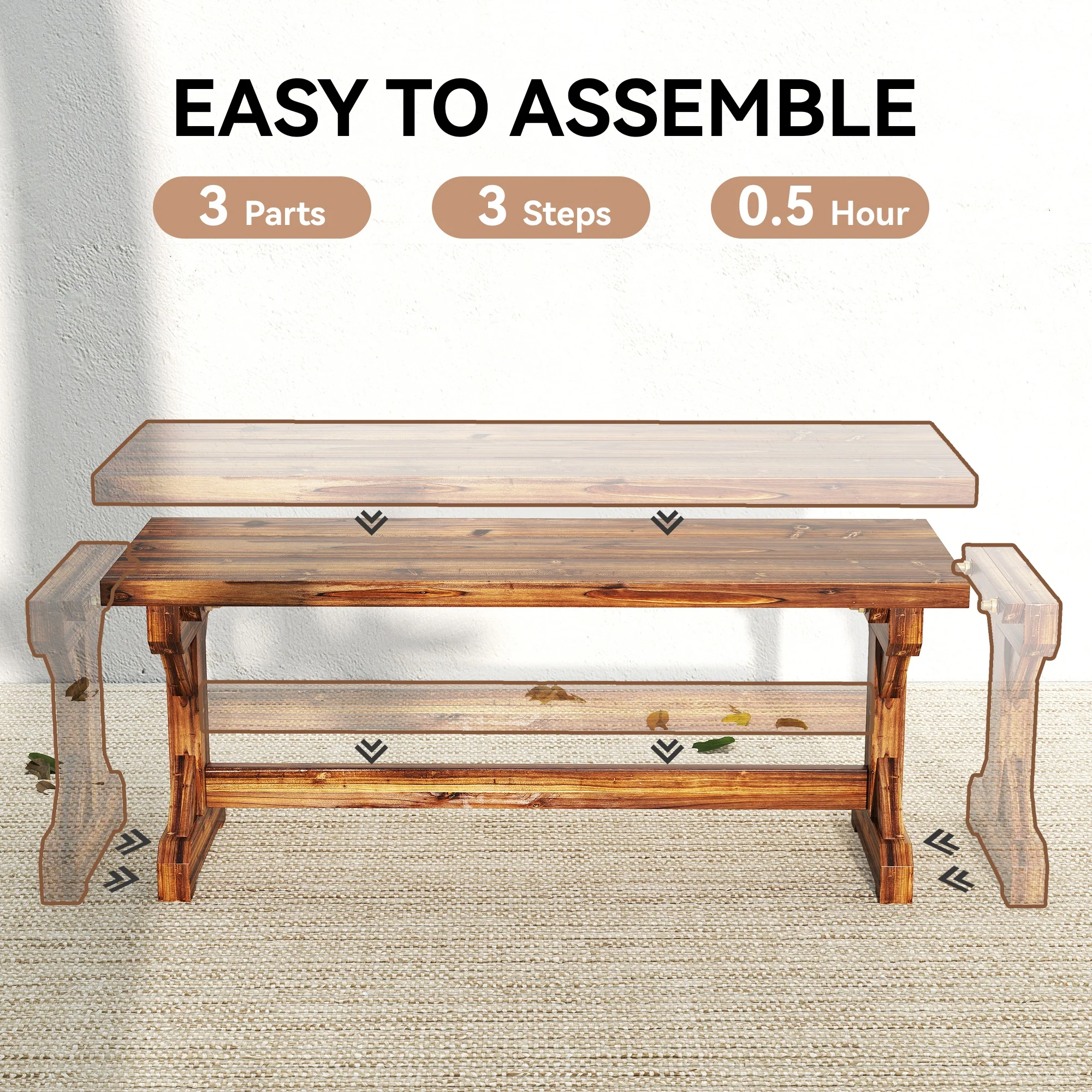2-Person Outdoor Wooden Bench with Farmhouse X-Shaped Base, Carbonized - Image 8