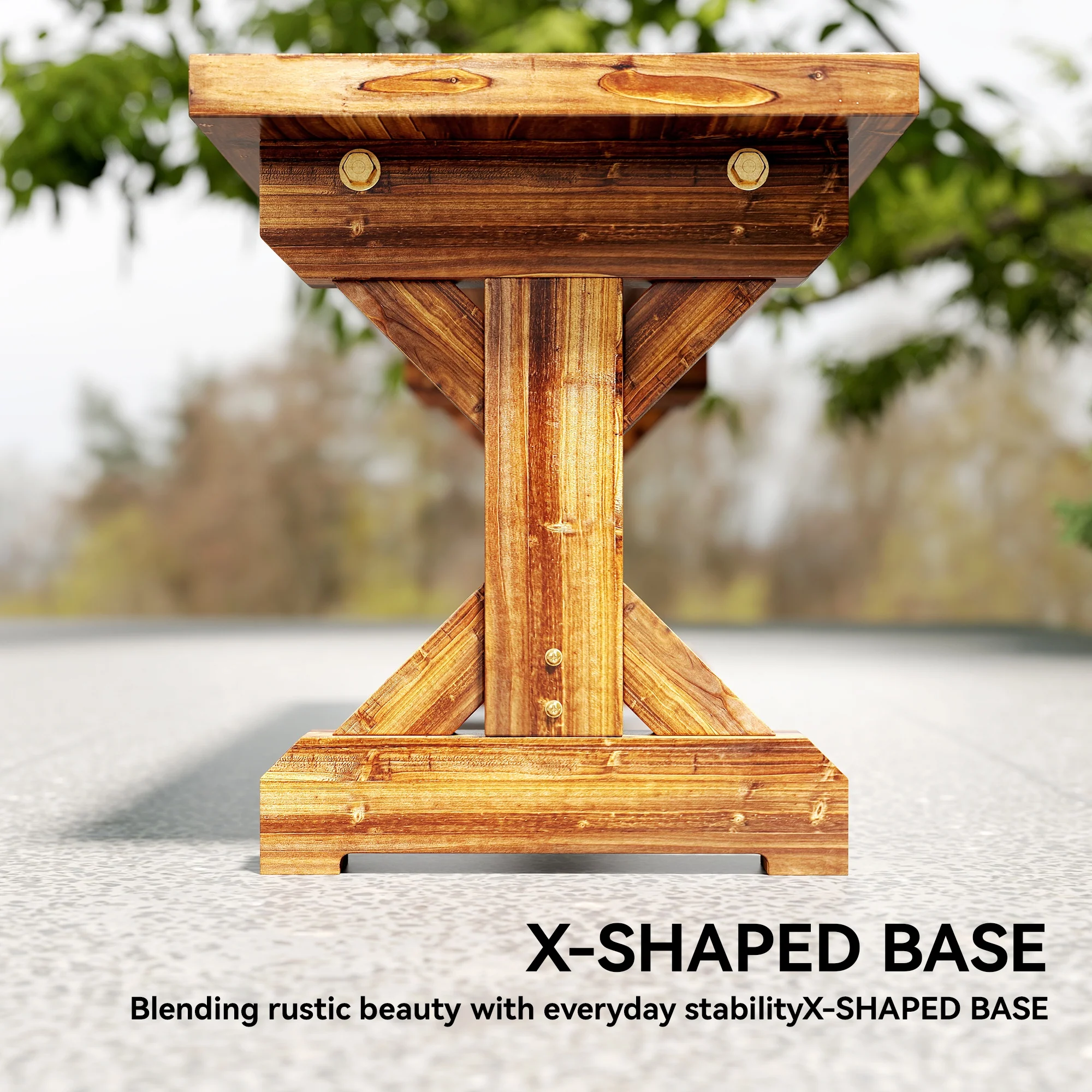 2-Person Outdoor Wooden Bench with Farmhouse X-Shaped Base, Carbonized - Image 9