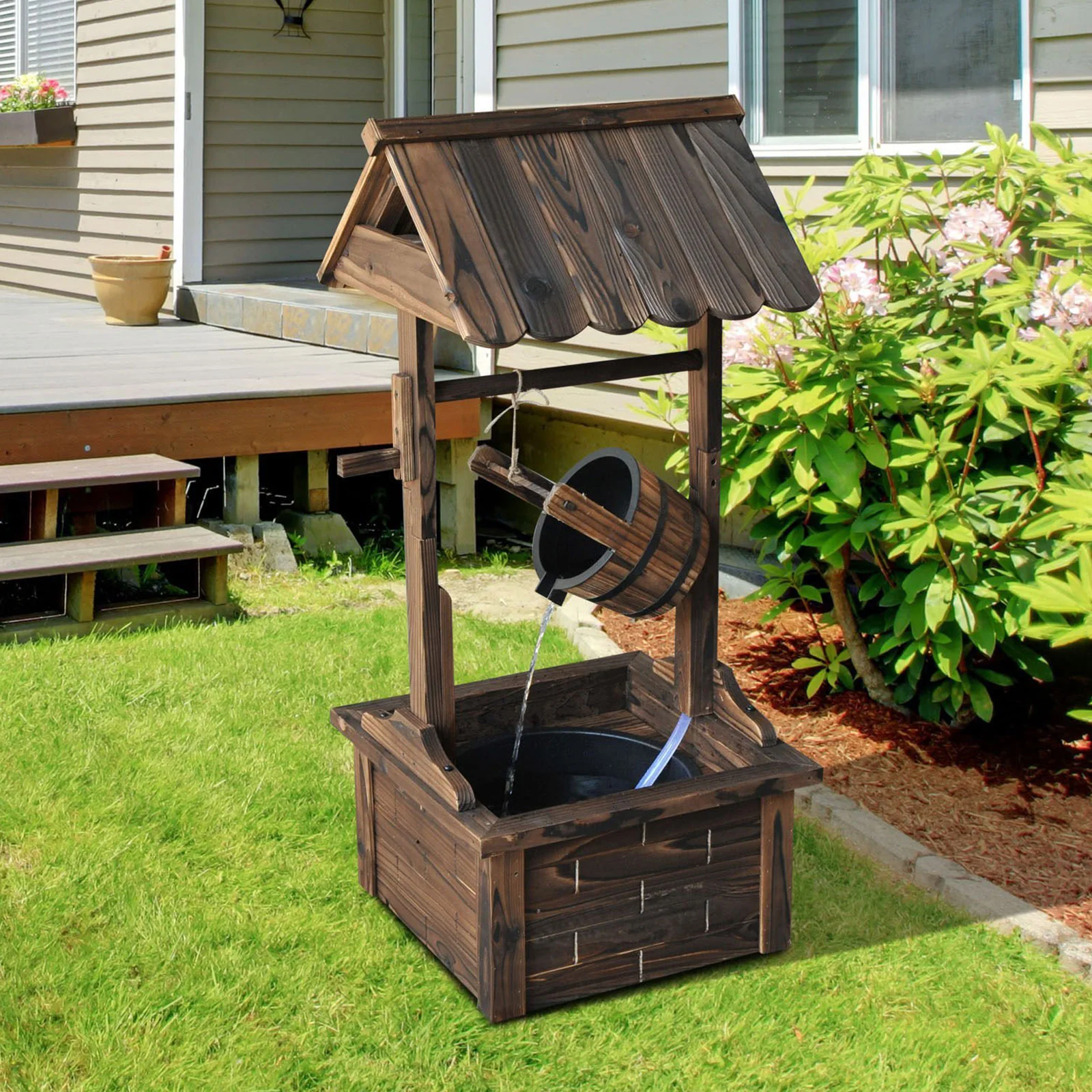 Outdoor Wooden Wishing Well Fountain w/ Adjustable Water Flow Rate & Electric Pump - Image 3