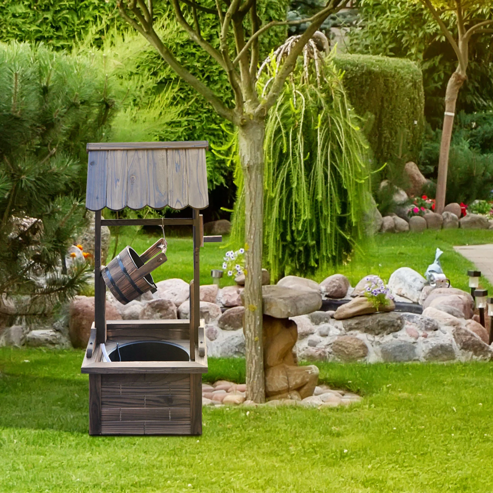 Outdoor Wooden Wishing Well Fountain w/ Adjustable Water Flow Rate & Electric Pump - Image 4