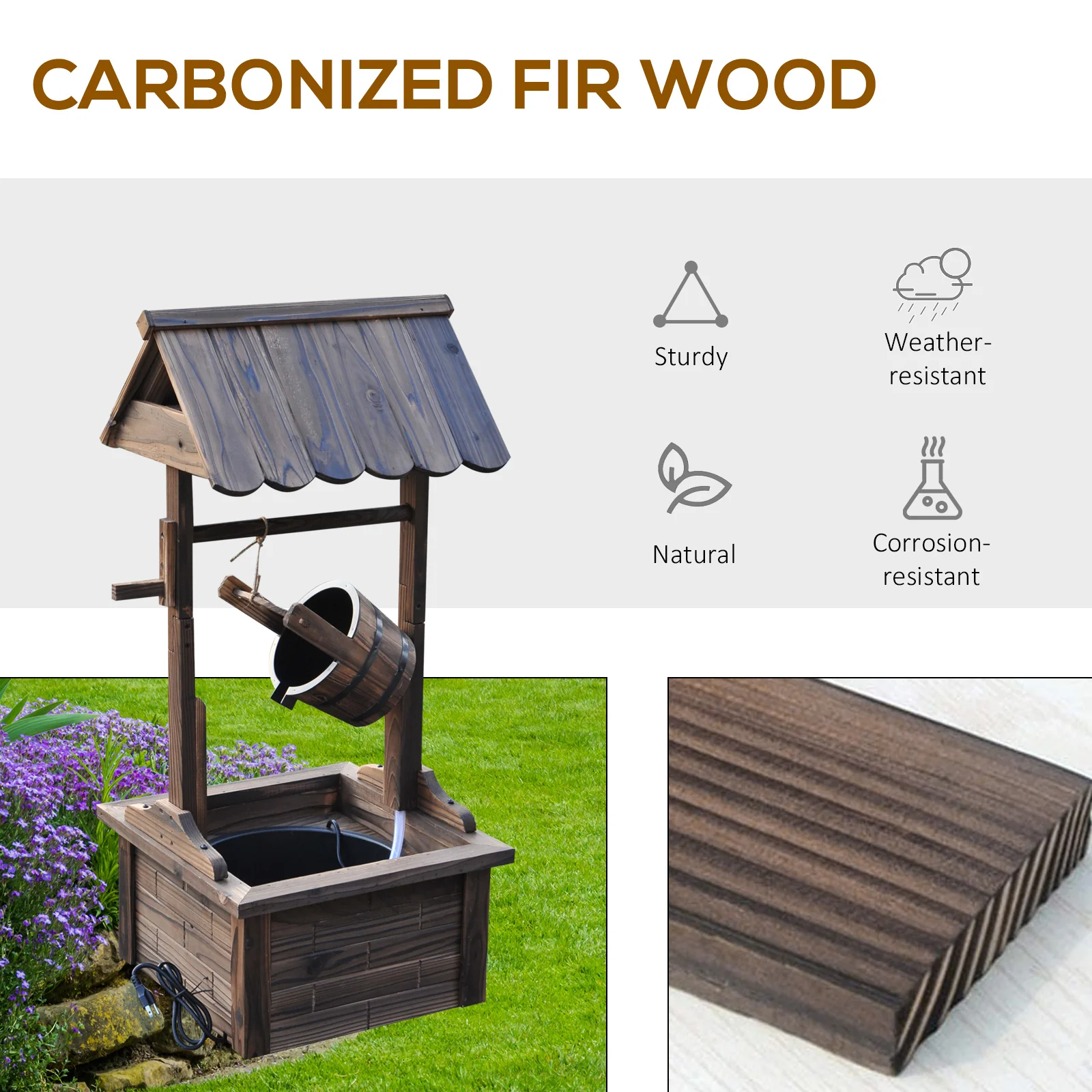Outdoor Wooden Wishing Well Fountain w/ Adjustable Water Flow Rate & Electric Pump - Image 6