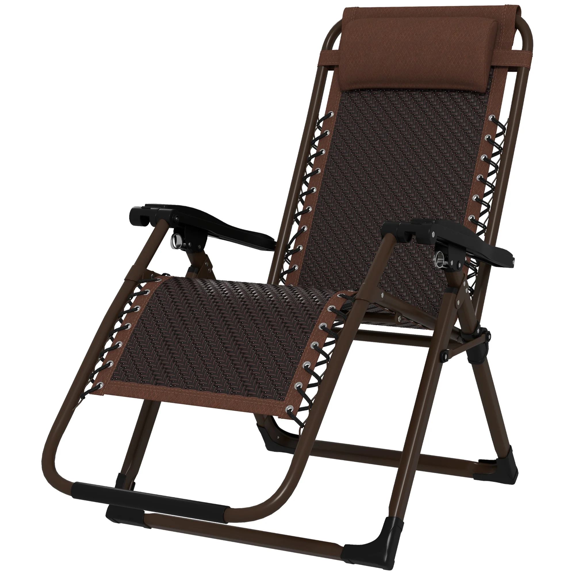 Outdoor Zero Gravity Chair, Folding PE Rarran Reclining Lounge Chair w/ Recline Back, Brown - Image 2