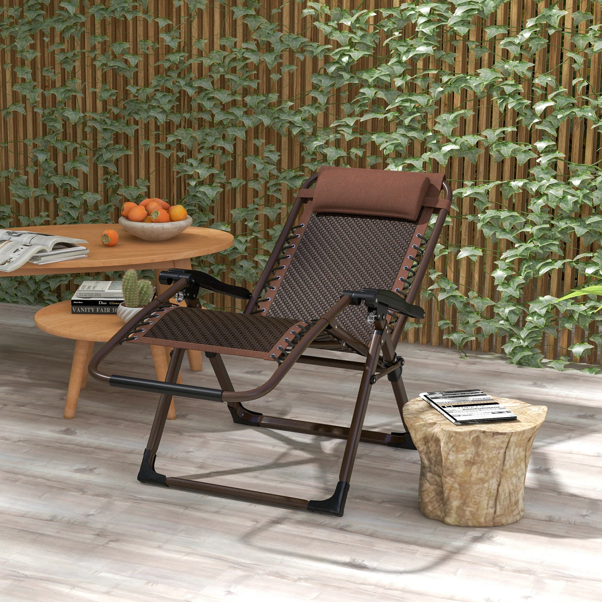 Outdoor Zero Gravity Chair, Folding PE Rarran Reclining Lounge Chair w/ Recline Back, Brown - Image 3