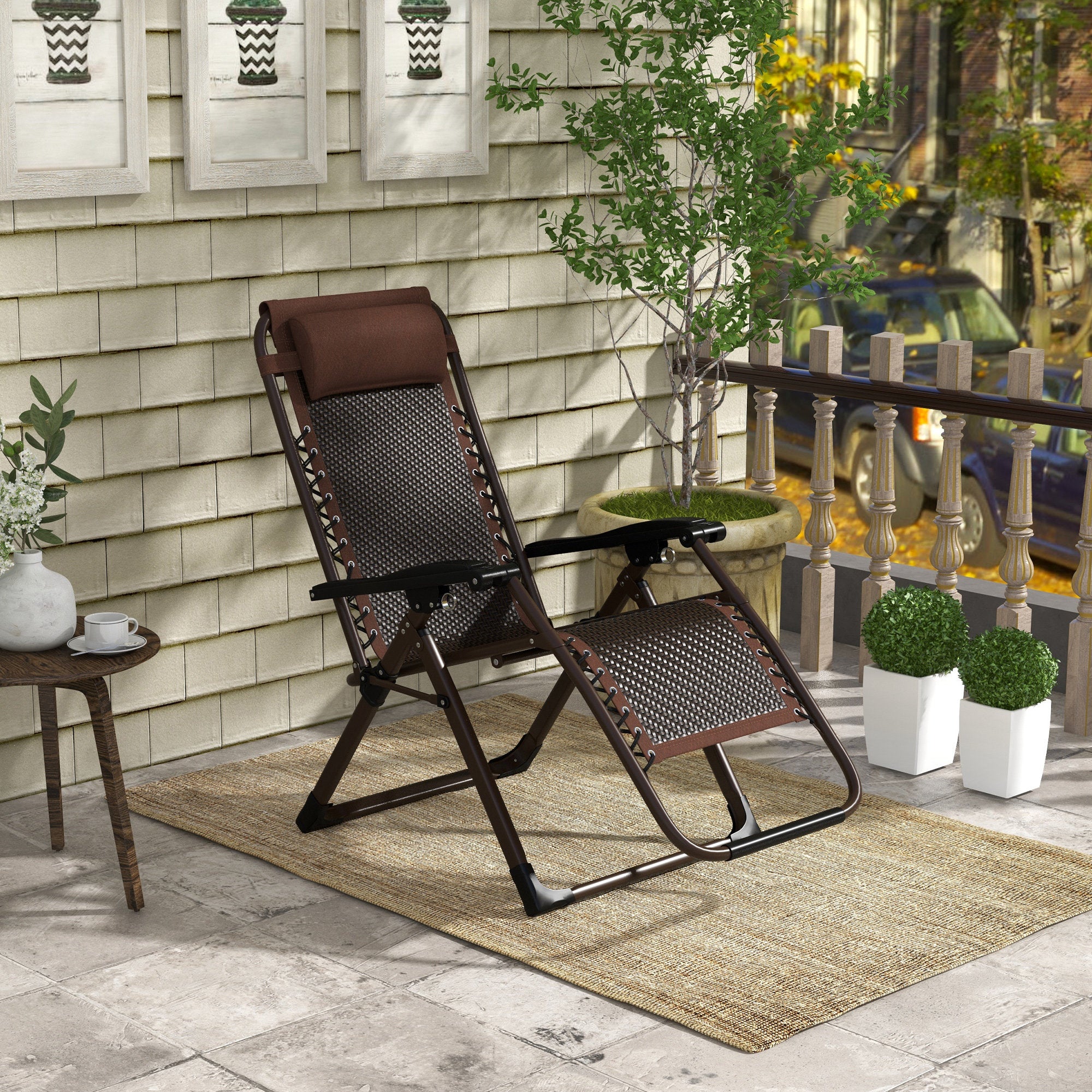 Outdoor Zero Gravity Chair, Folding PE Rarran Reclining Lounge Chair w/ Recline Back, Brown - Image 4