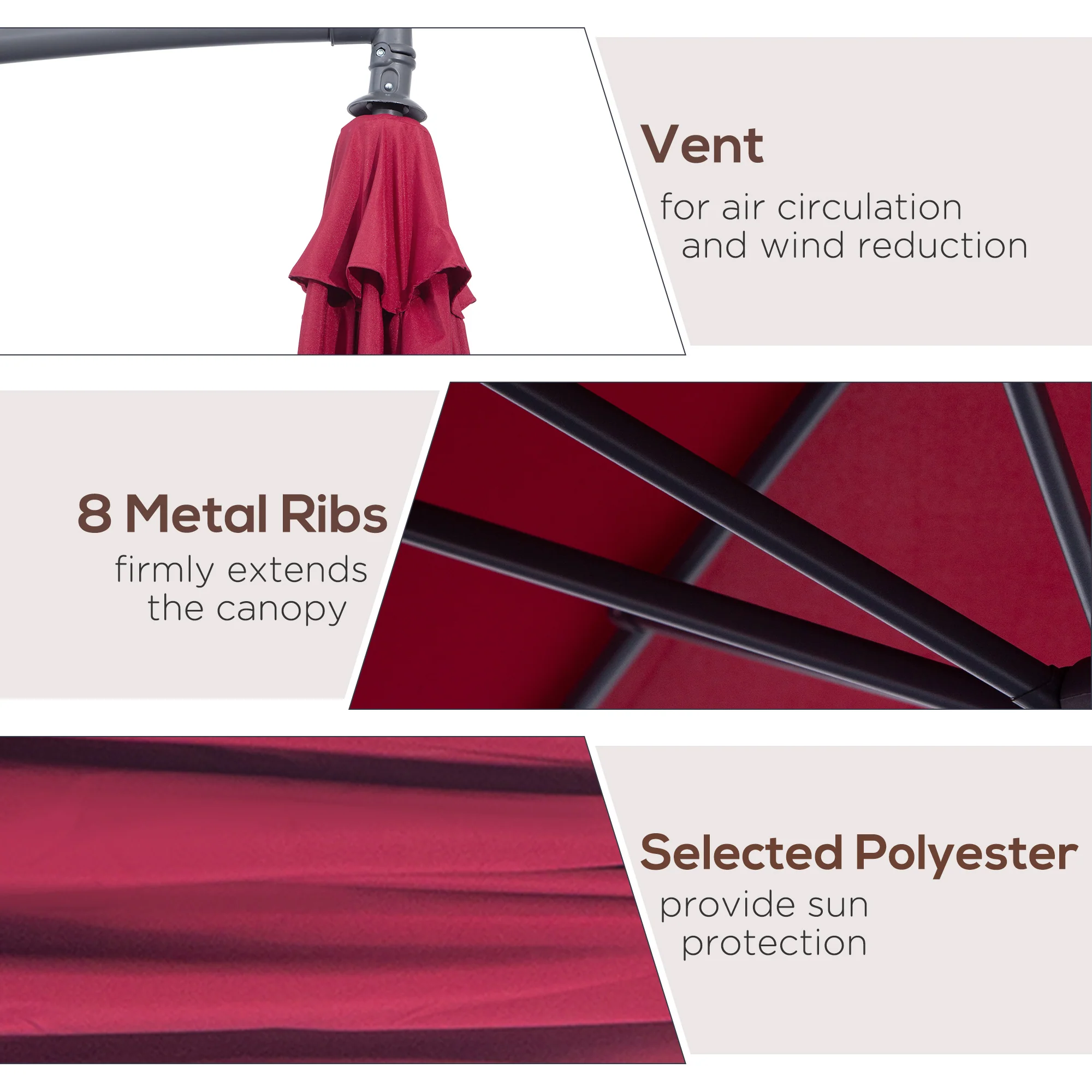 10' Cantilever Hanging Umbrella with UV/Water-Resistant Fabric & Cross Base - Red - Image 8