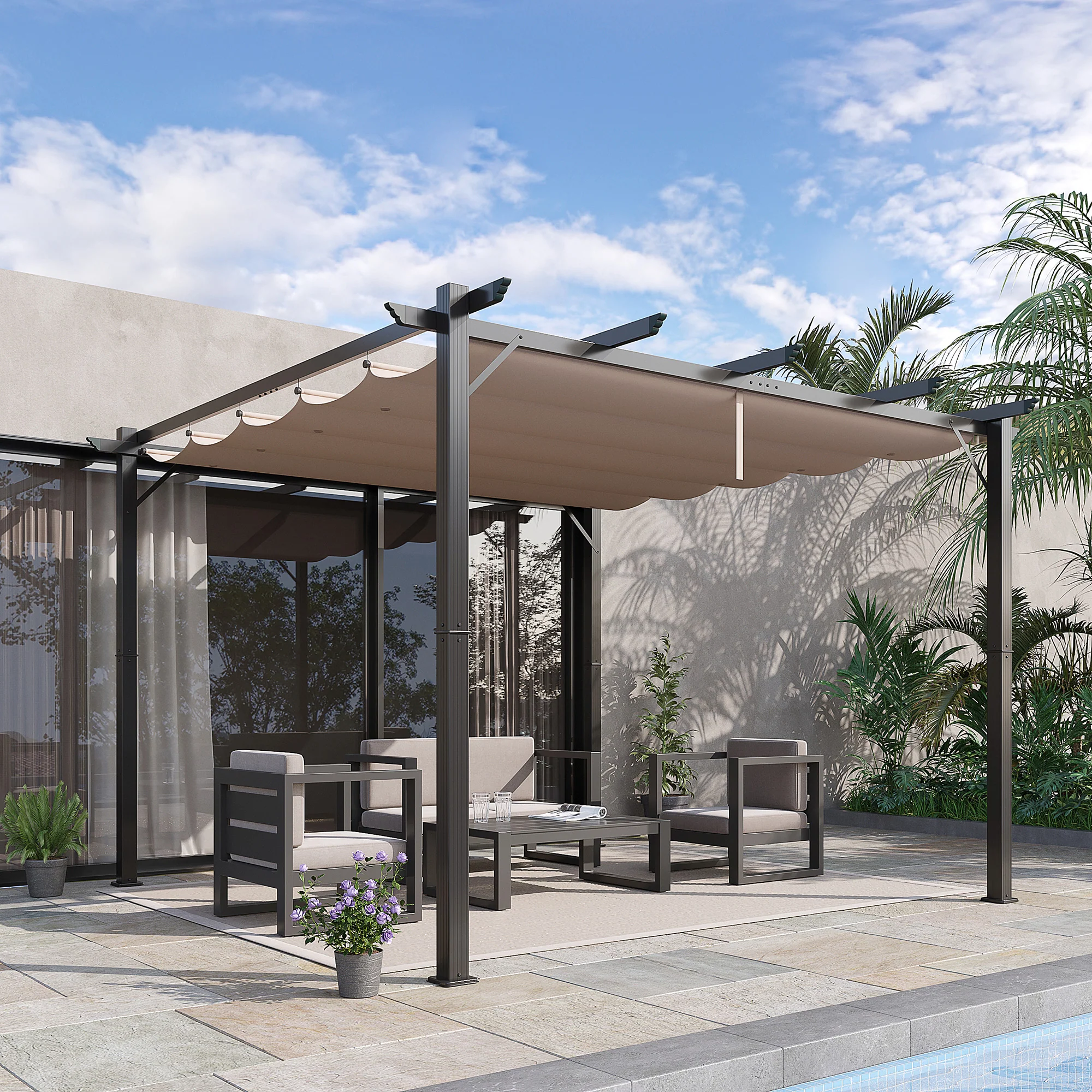 10' x 10' Retractable Aluminum Pergola Canopy with Gray Shade Shelter, Charcoal Gray - Image 2