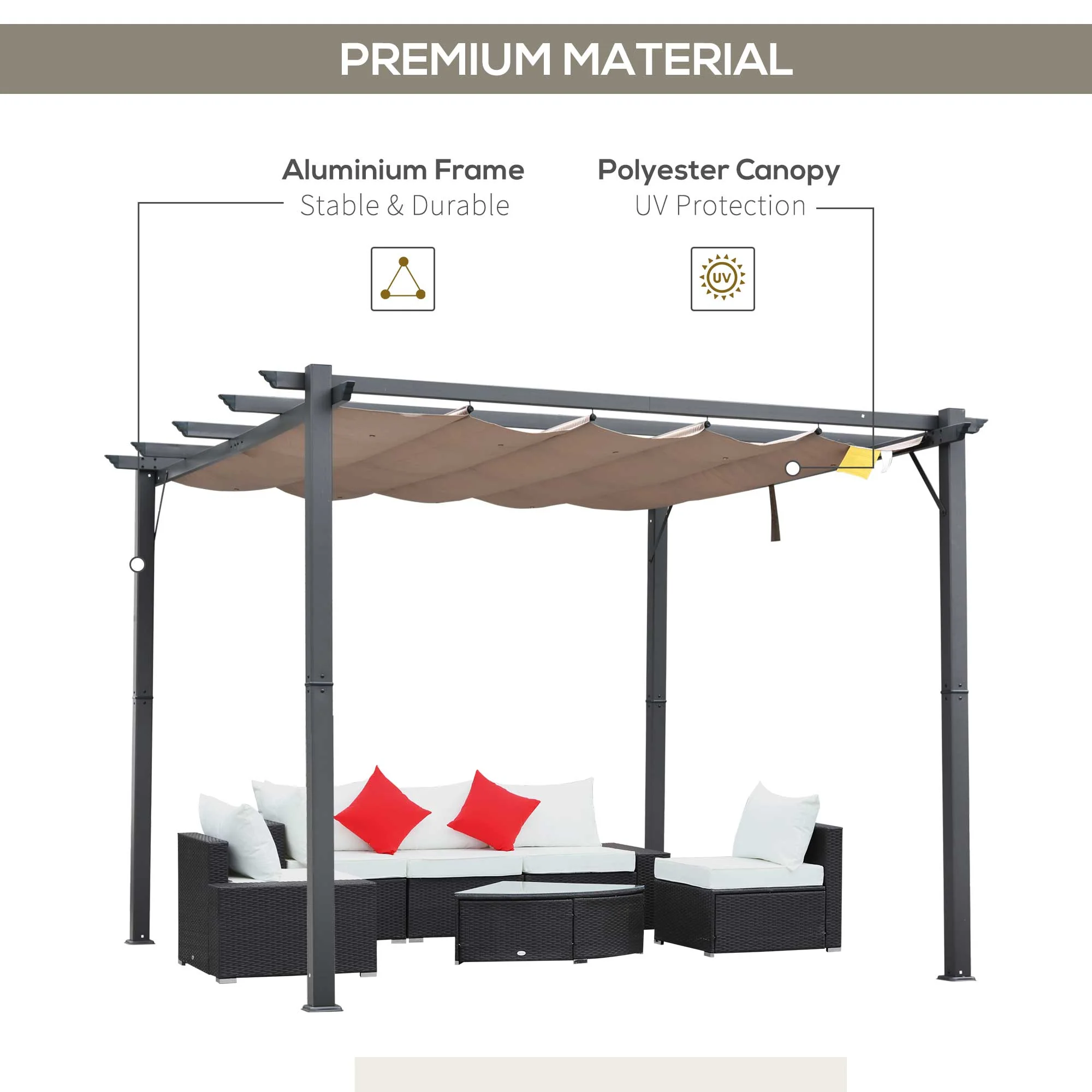 10' x 10' Retractable Aluminum Pergola Canopy with Gray Shade Shelter, Charcoal Gray - Image 5
