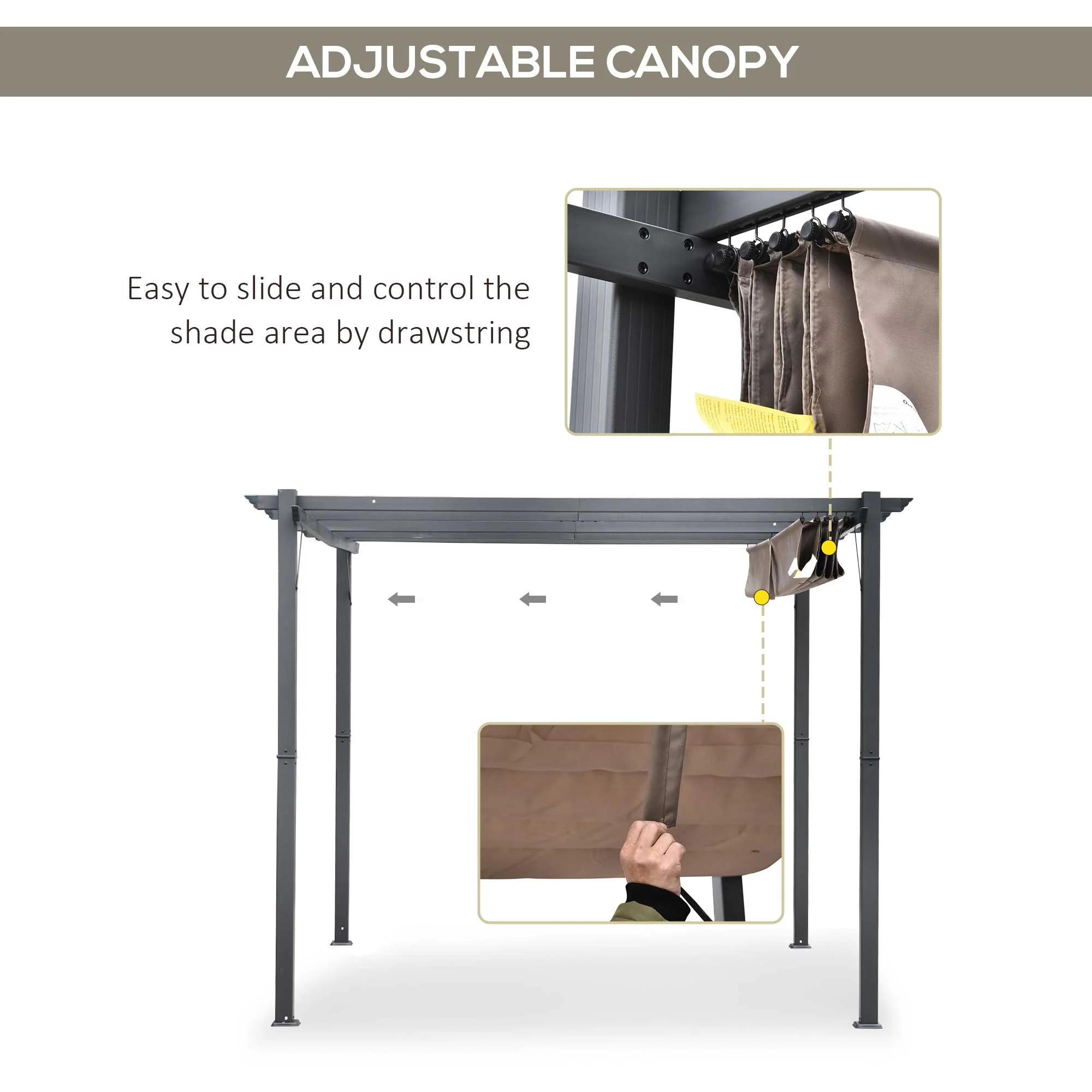 10' x 10' Retractable Aluminum Pergola Canopy with Gray Shade Shelter, Charcoal Gray - Image 6