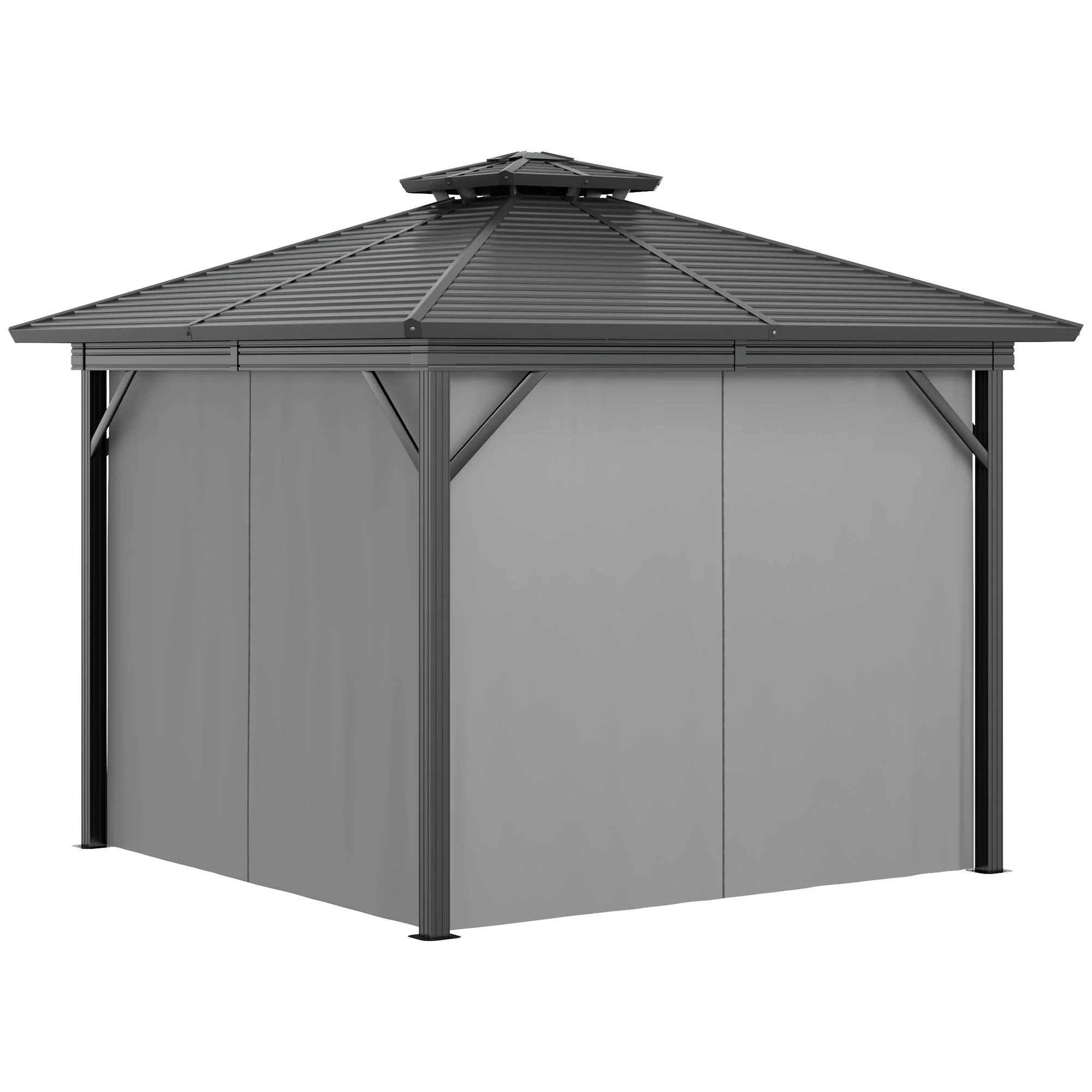 10' x 10' Metal Hardtop Gazebo with Double Roof, Mesh & Curtains, Gray - Image 2