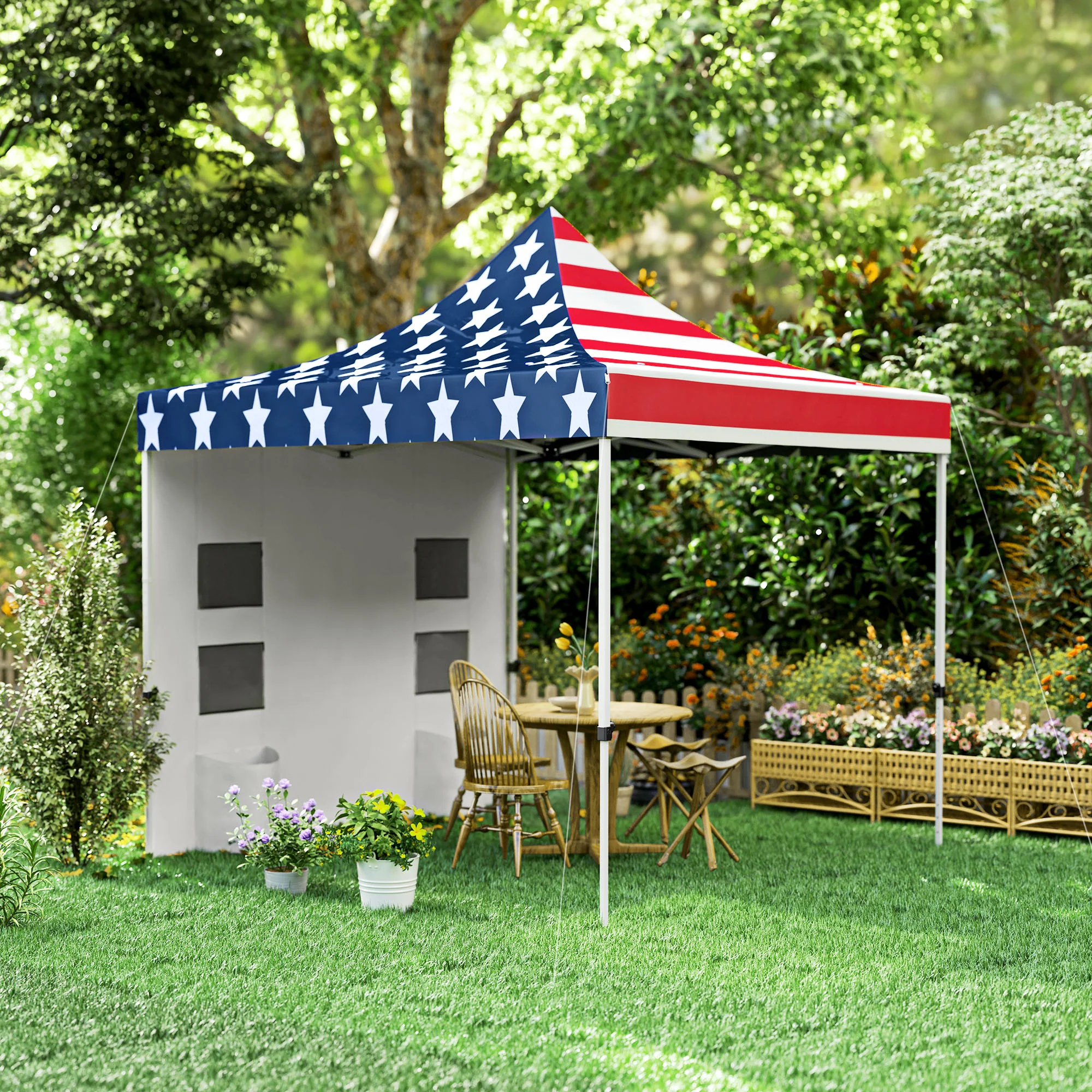 10' x 10' Canopy Tent with Sidewalls, UPF50+ Sun Shelter with Storage Pockets, American Flag Design - Image 11
