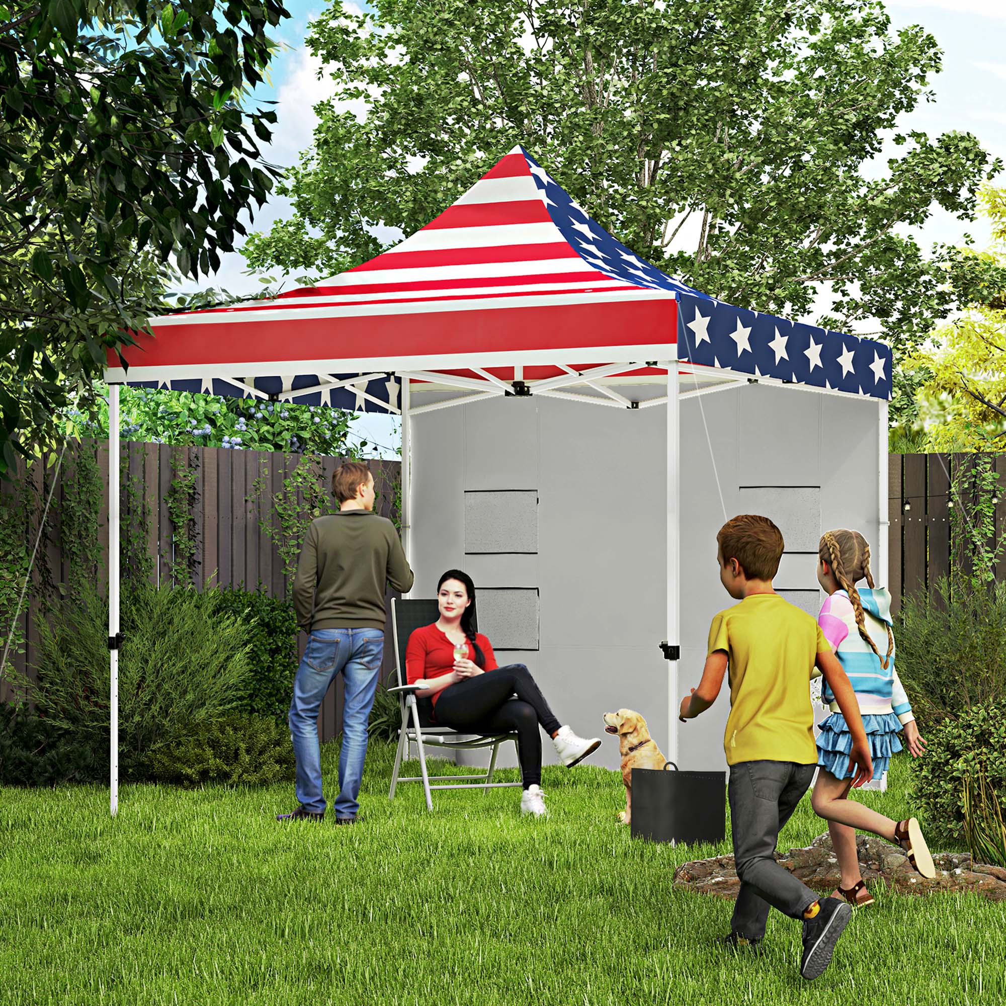 10' x 10' Canopy Tent with Sidewalls, UPF50+ Sun Shelter with Storage Pockets, American Flag Design - Image 3