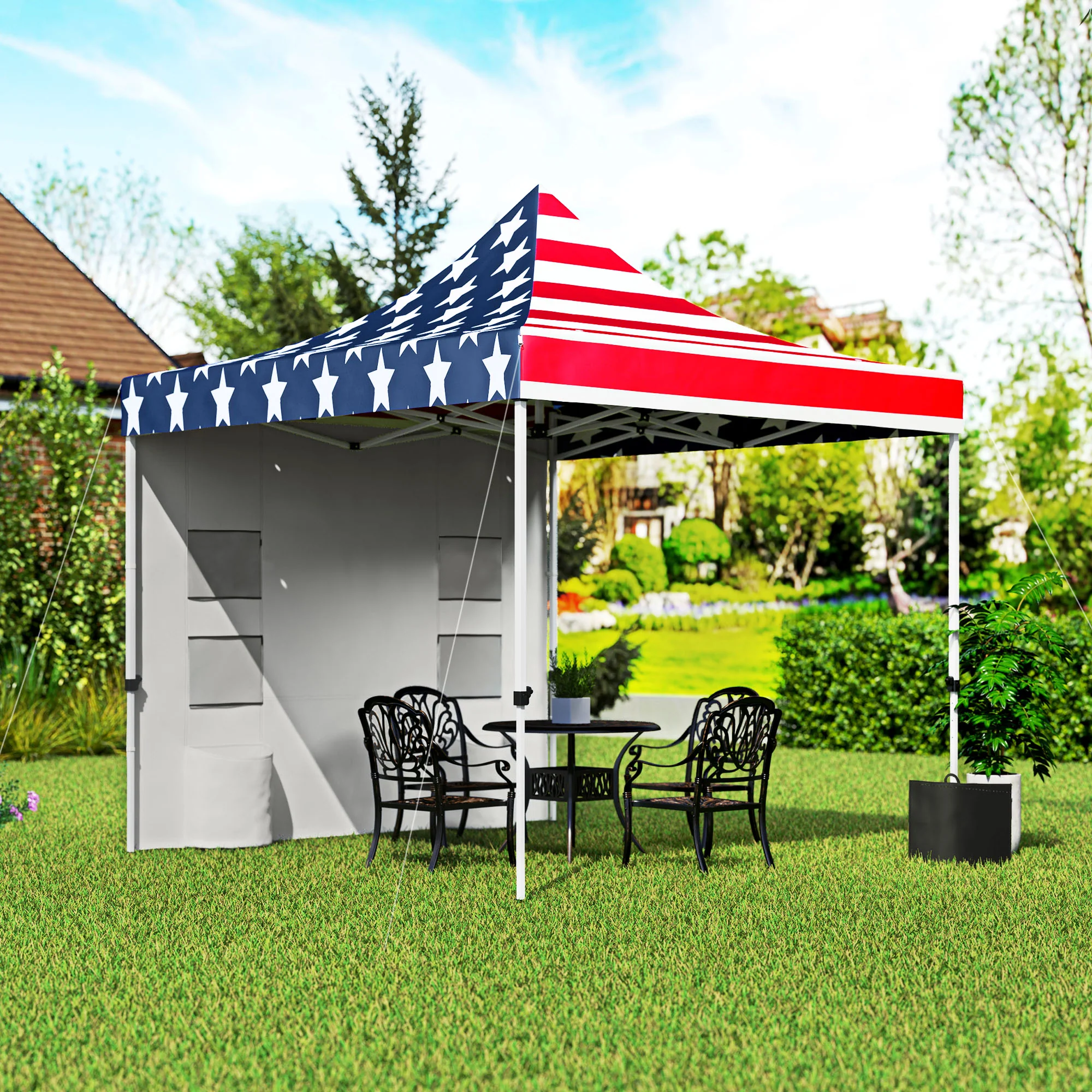 10' x 10' Canopy Tent with Sidewalls, UPF50+ Sun Shelter with Storage Pockets, American Flag Design - Image 4