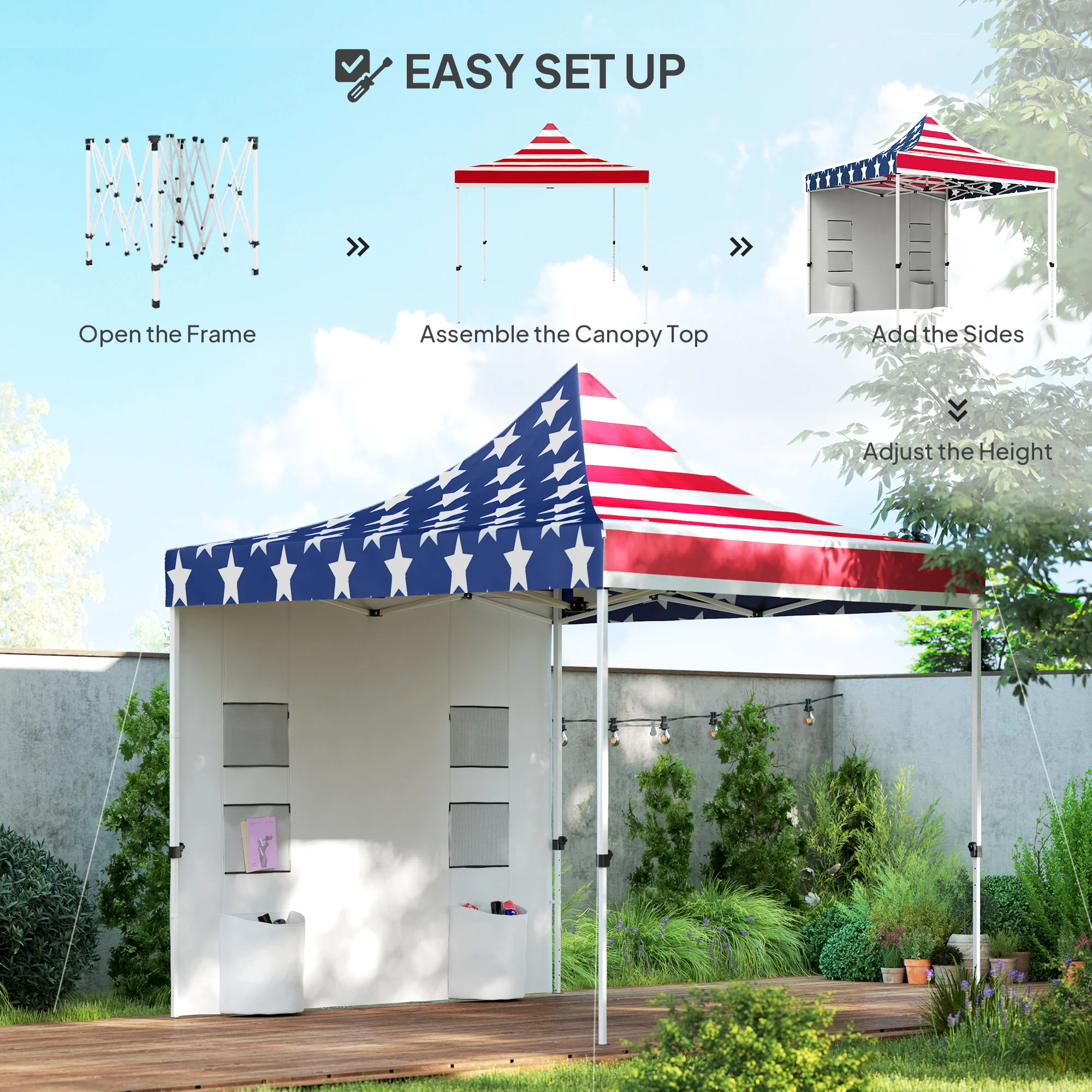 10' x 10' Canopy Tent with Sidewalls, UPF50+ Sun Shelter with Storage Pockets, American Flag Design - Image 9