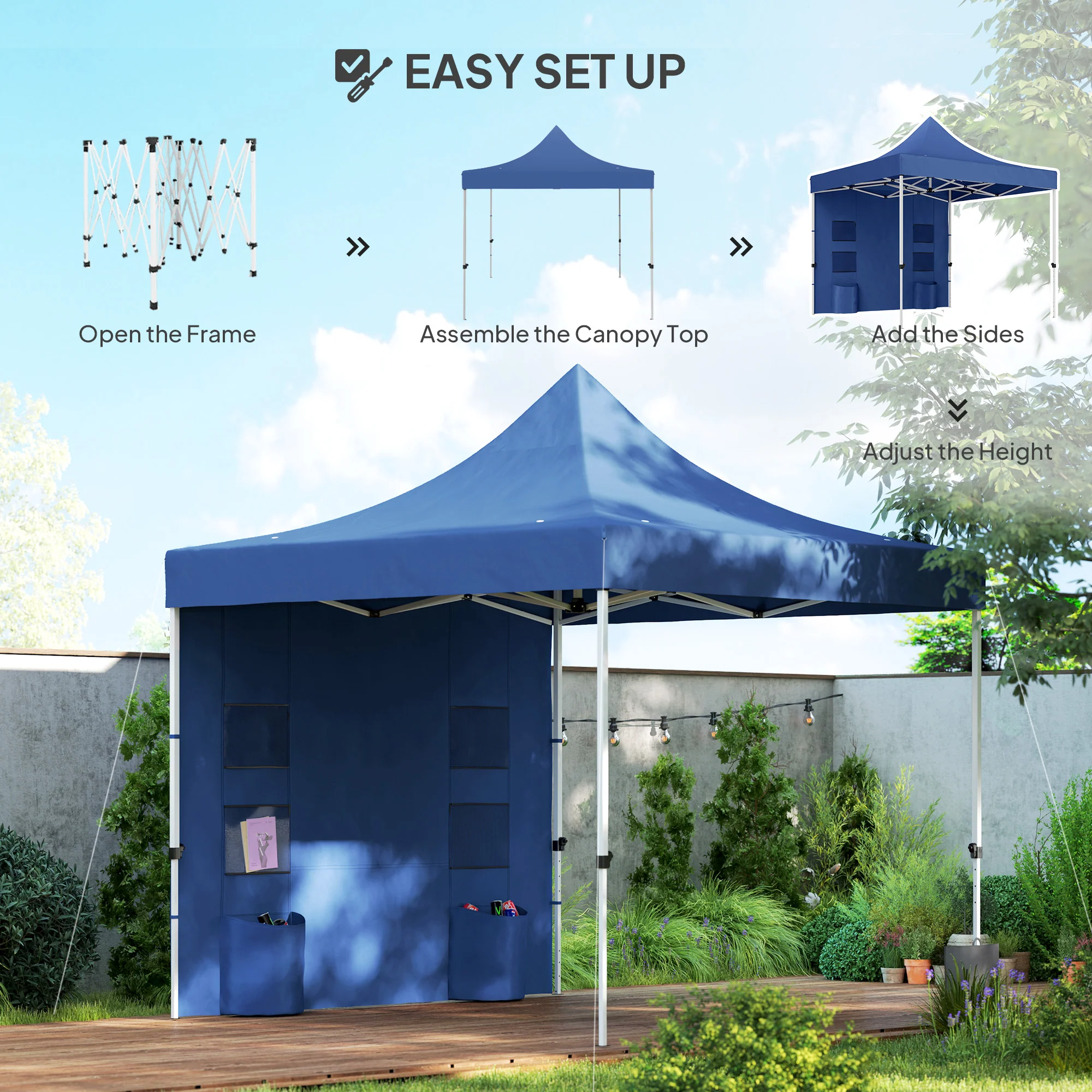 10' x 10' Heavy Duty Pop-Up Canopy Tent with Sidewalls, UPF50+ Sun Shelter, Dark Blue - Image 9