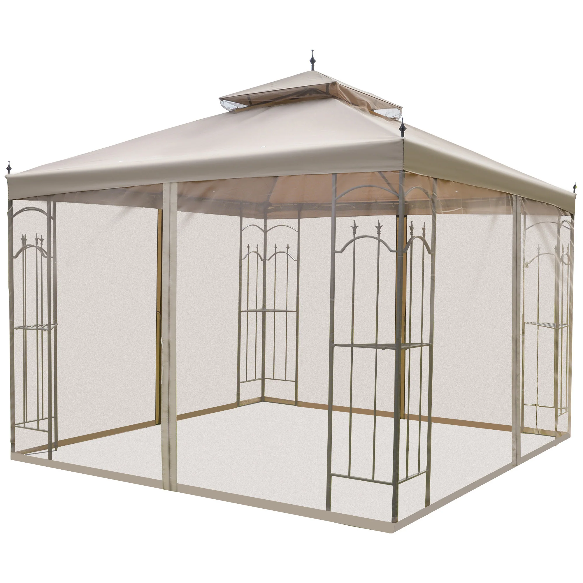 10' x 10' Patio Gazebo with Double Roof, Corner Shelves & Netting, Brown - Image 8