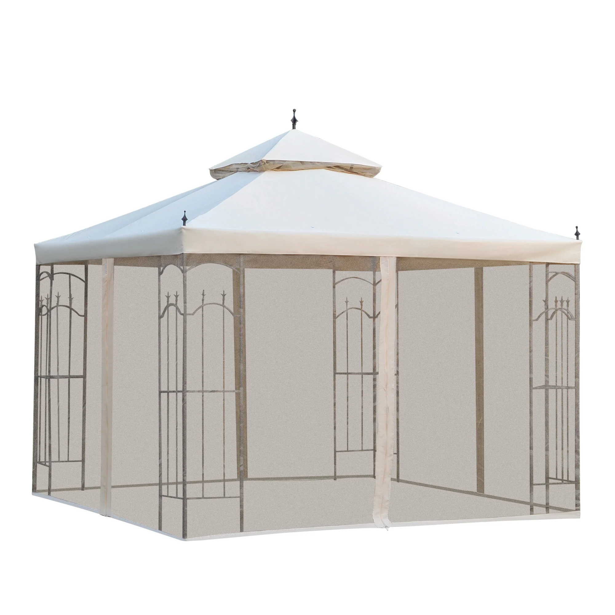 10' x 10' Patio Gazebo with Double Roof, Corner Shelves, Netting, Cream White - Image 12