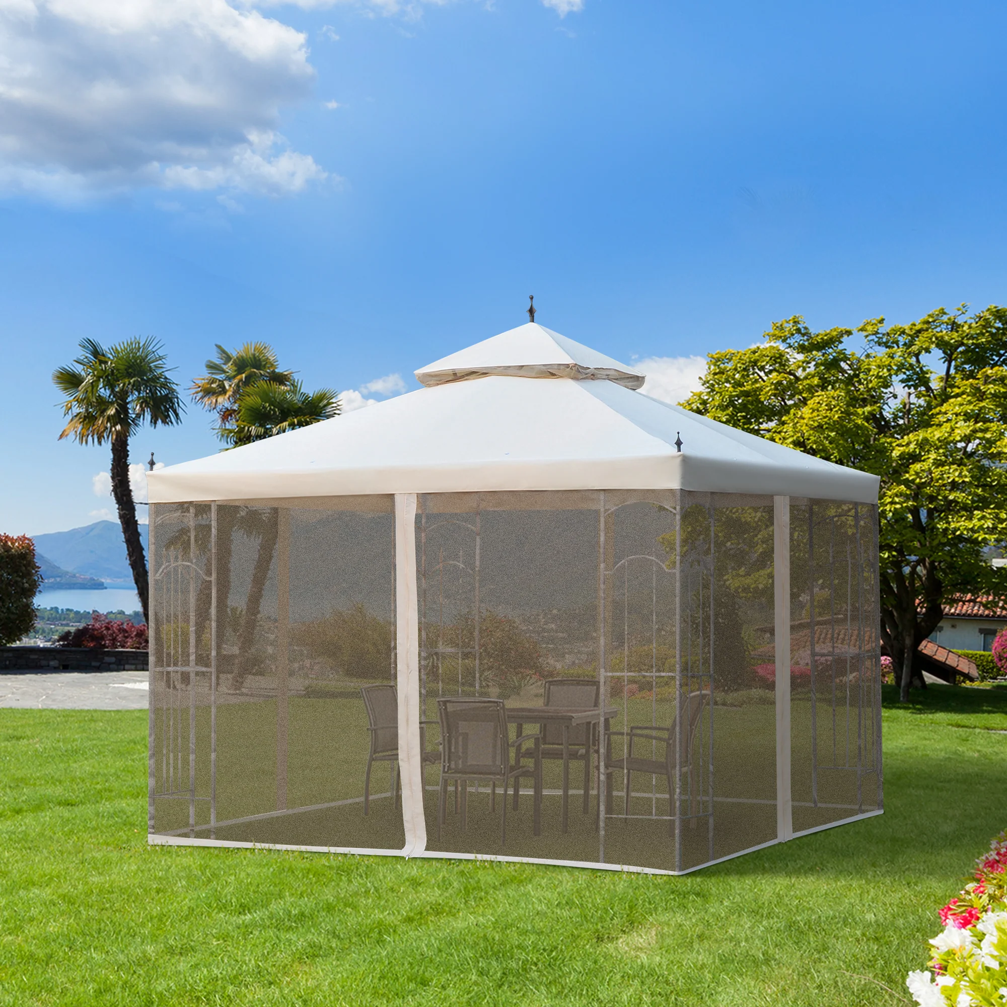 10' x 10' Patio Gazebo with Double Roof, Corner Shelves, Netting, Cream White - Image 3