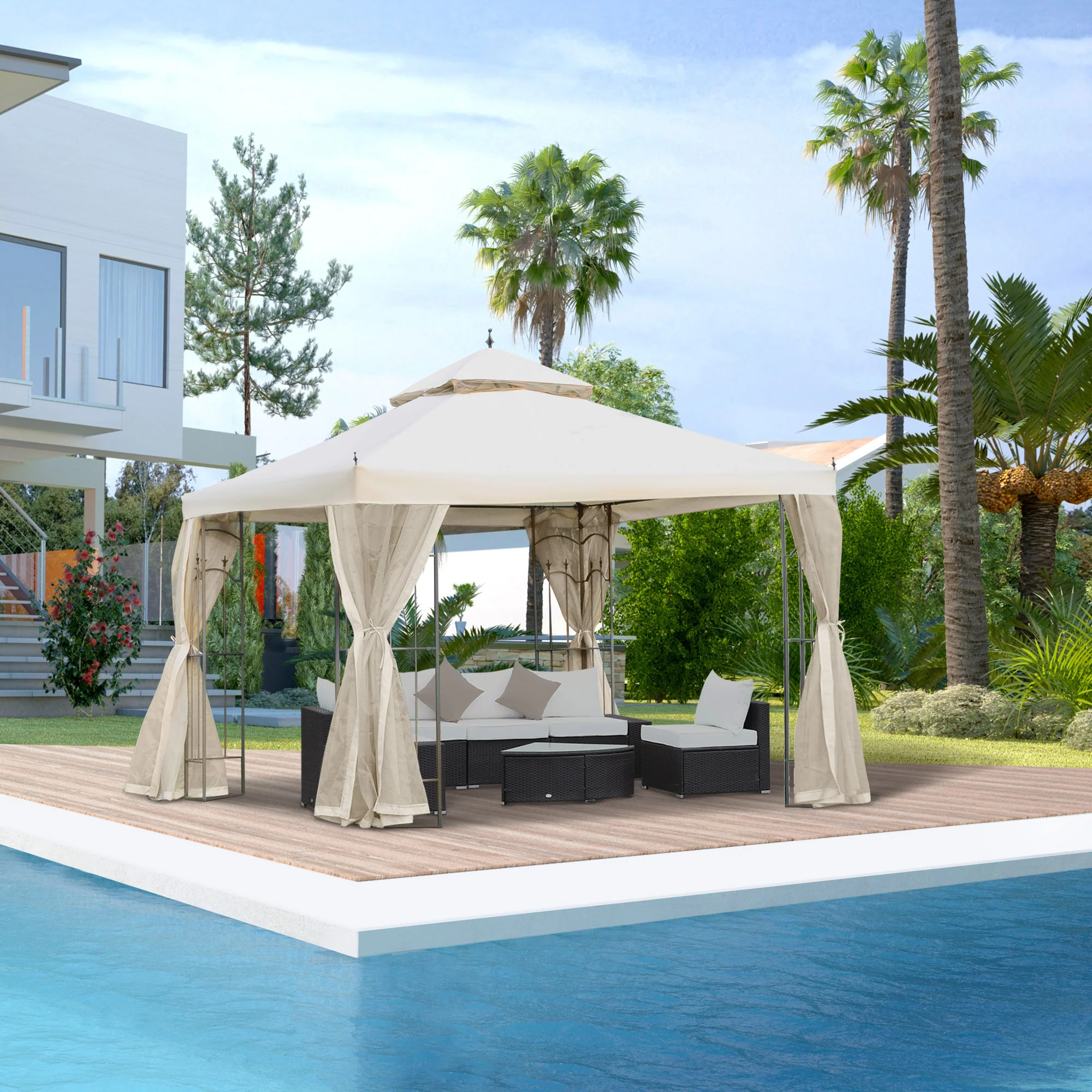 10' x 10' Patio Gazebo with Double Roof, Corner Shelves, Netting, Cream White - Image 4