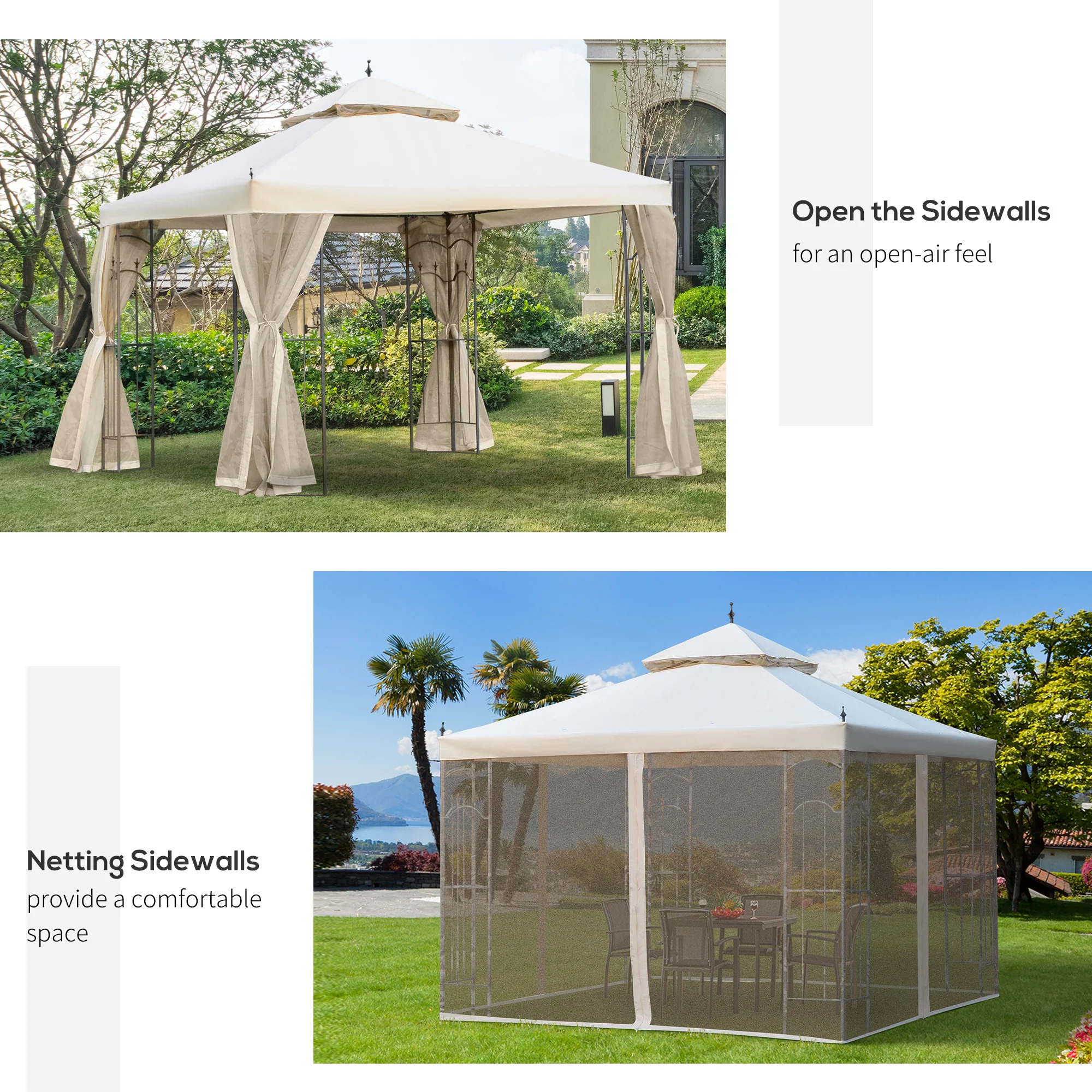 10' x 10' Patio Gazebo with Double Roof, Corner Shelves, Netting, Cream White - Image 7