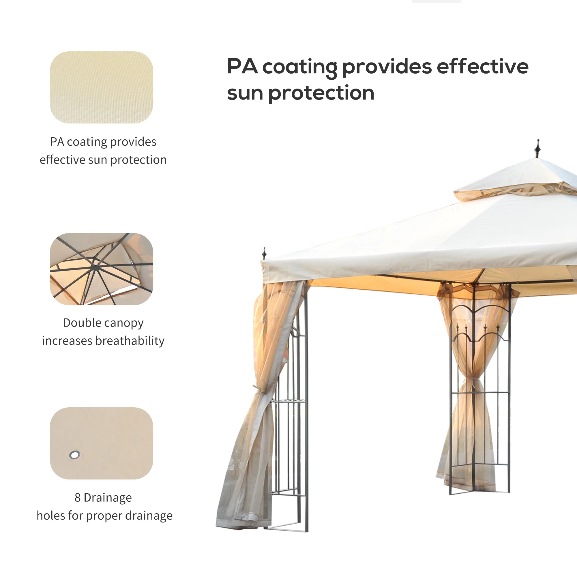 10' x 10' Patio Gazebo with Double Roof, Corner Shelves, Netting, Cream White - Image 8