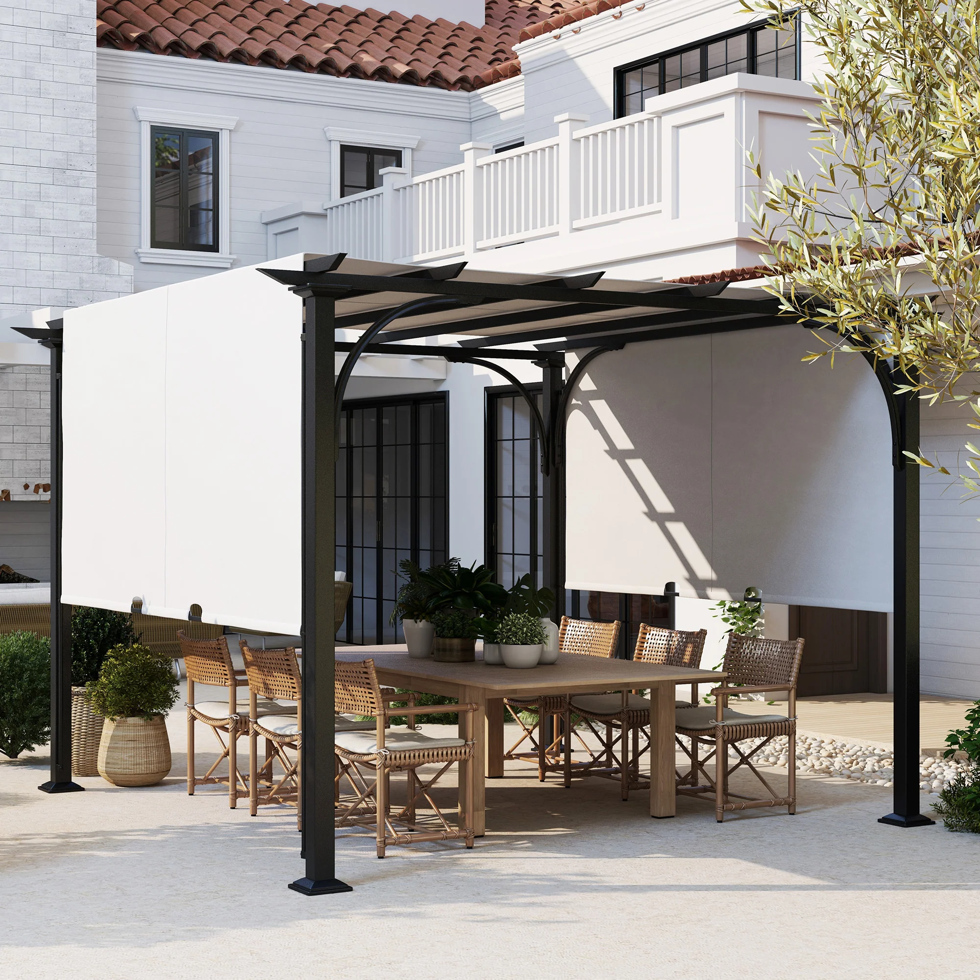 10' x 10' Patio Pergola, Weather-Resistant Steel Frame, Sun Shade Canopy, White - Image 4