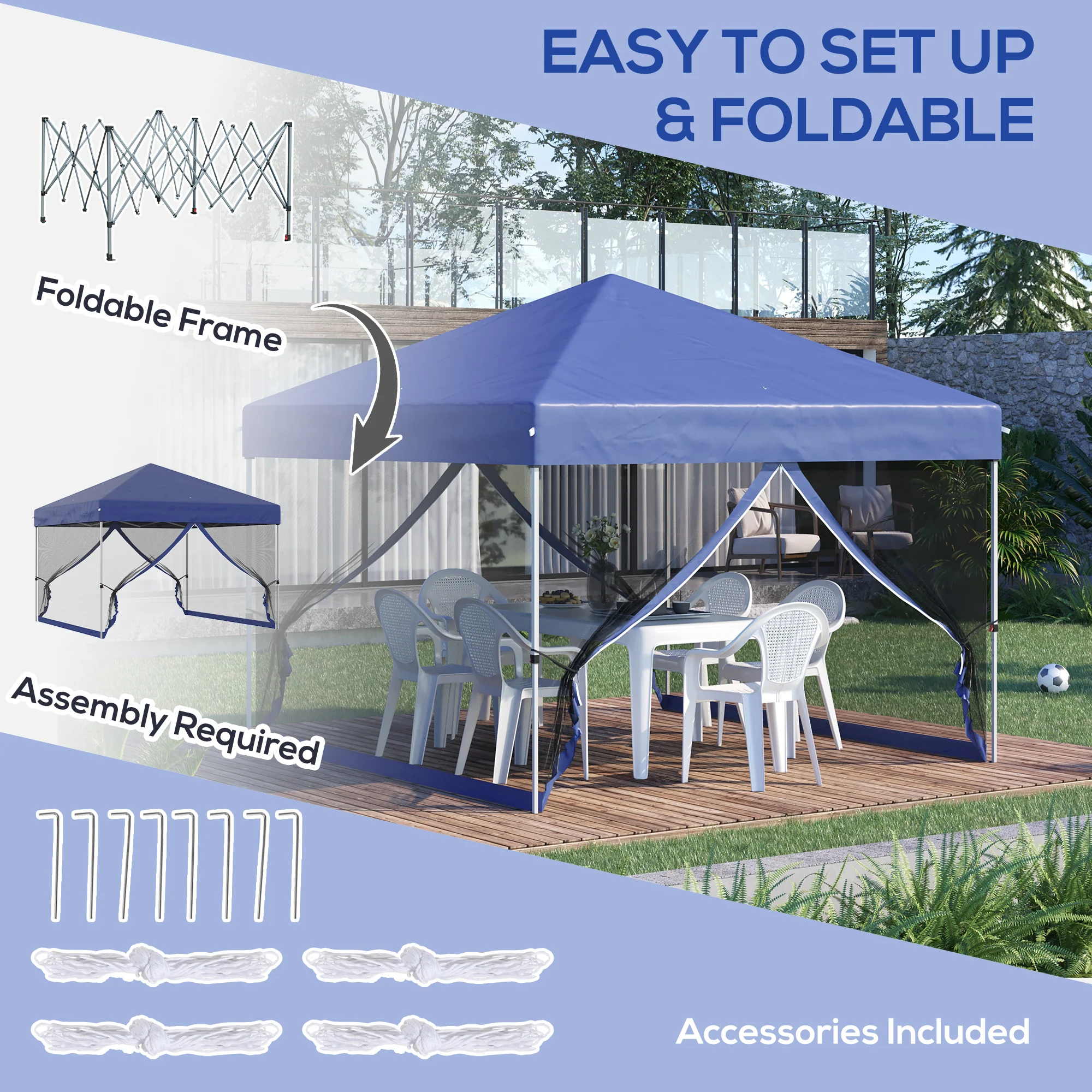 10' x 10' Pop-Up Gazebo with Screen Room, Adjustable Height & Wheeled Carry Bag, Blue - Image 6