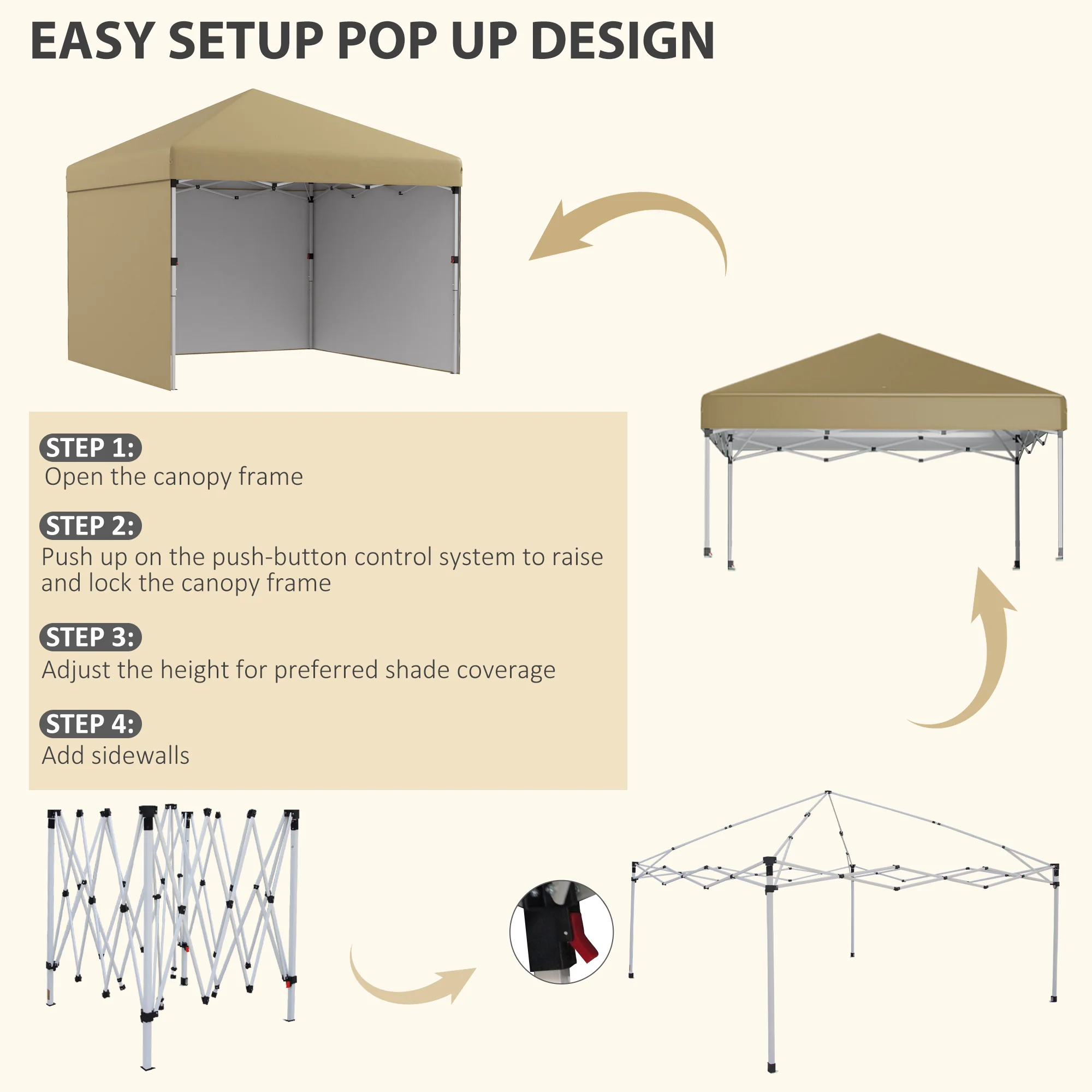 10' x 10' Adjustable Height Pop Up Canopy with Sidewalls, Weight Bags, Carry Bag, Beige - Image 7