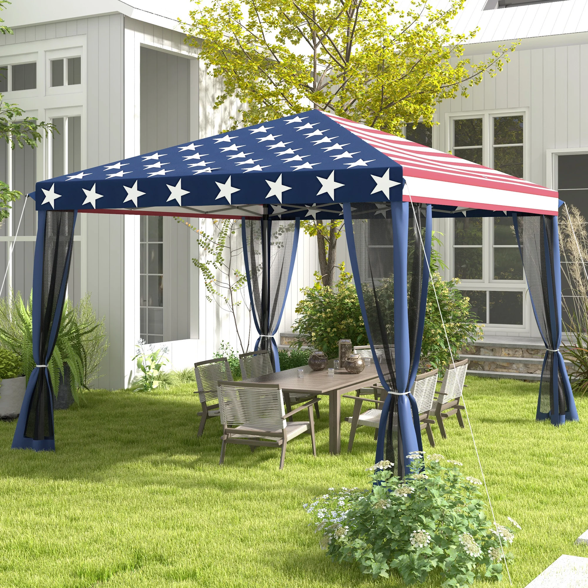 10' x 10' Pop-Up Canopy with Mesh Walls, Instant Setup, Side Panels & American Flag Design - Image 3