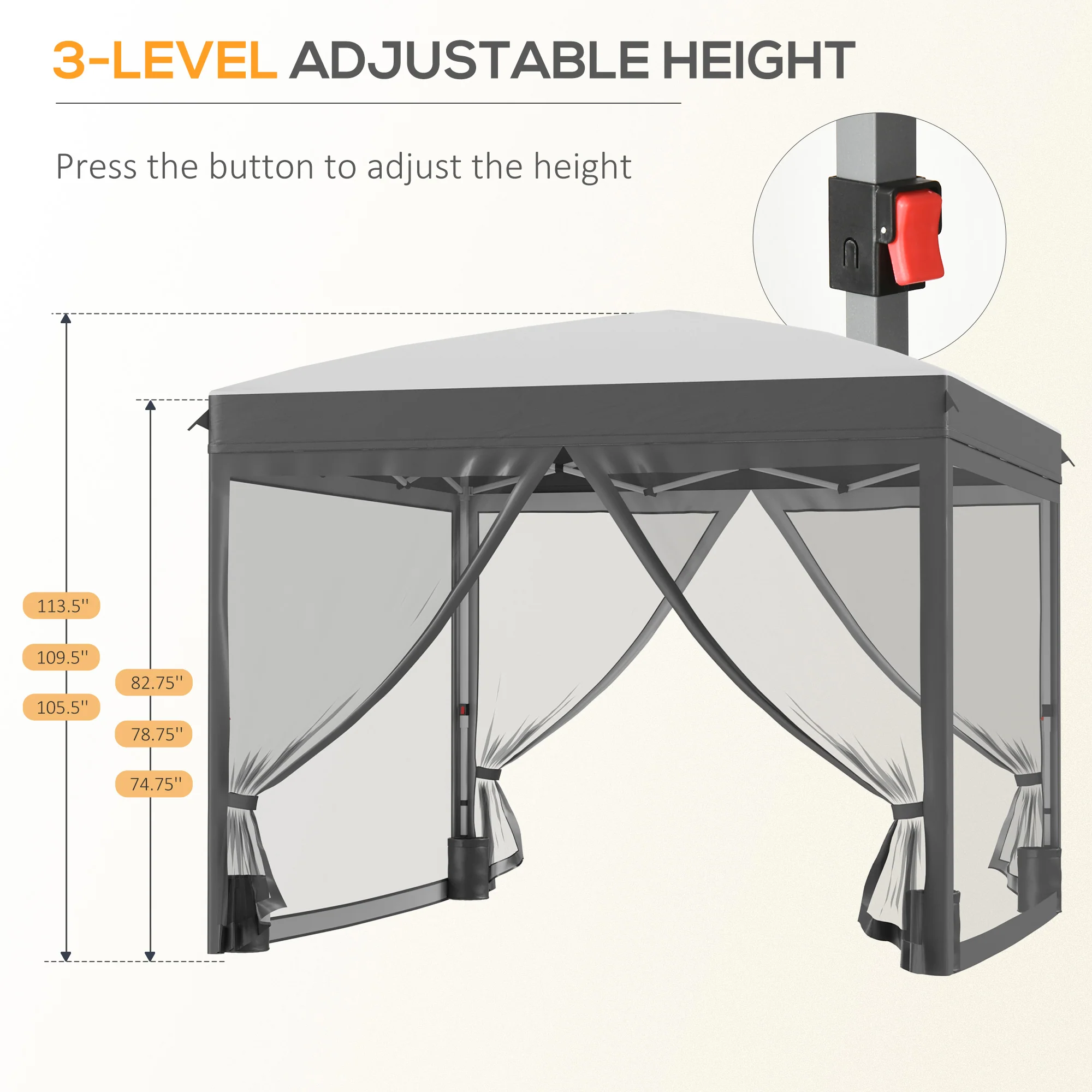 10' x 10' Canopy Tent with Netting, Adjustable Height, Wheeled Bag & Sand Bags, Gray - Image 7