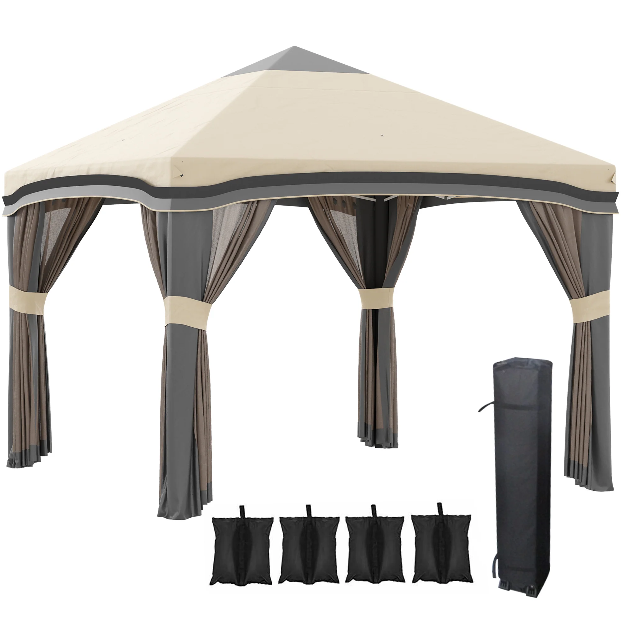 10' x 10' Adjustable Pop Up Canopy Tent with Netting, Wheeled Carry Bag, Sand Bags, Beige - Image 12