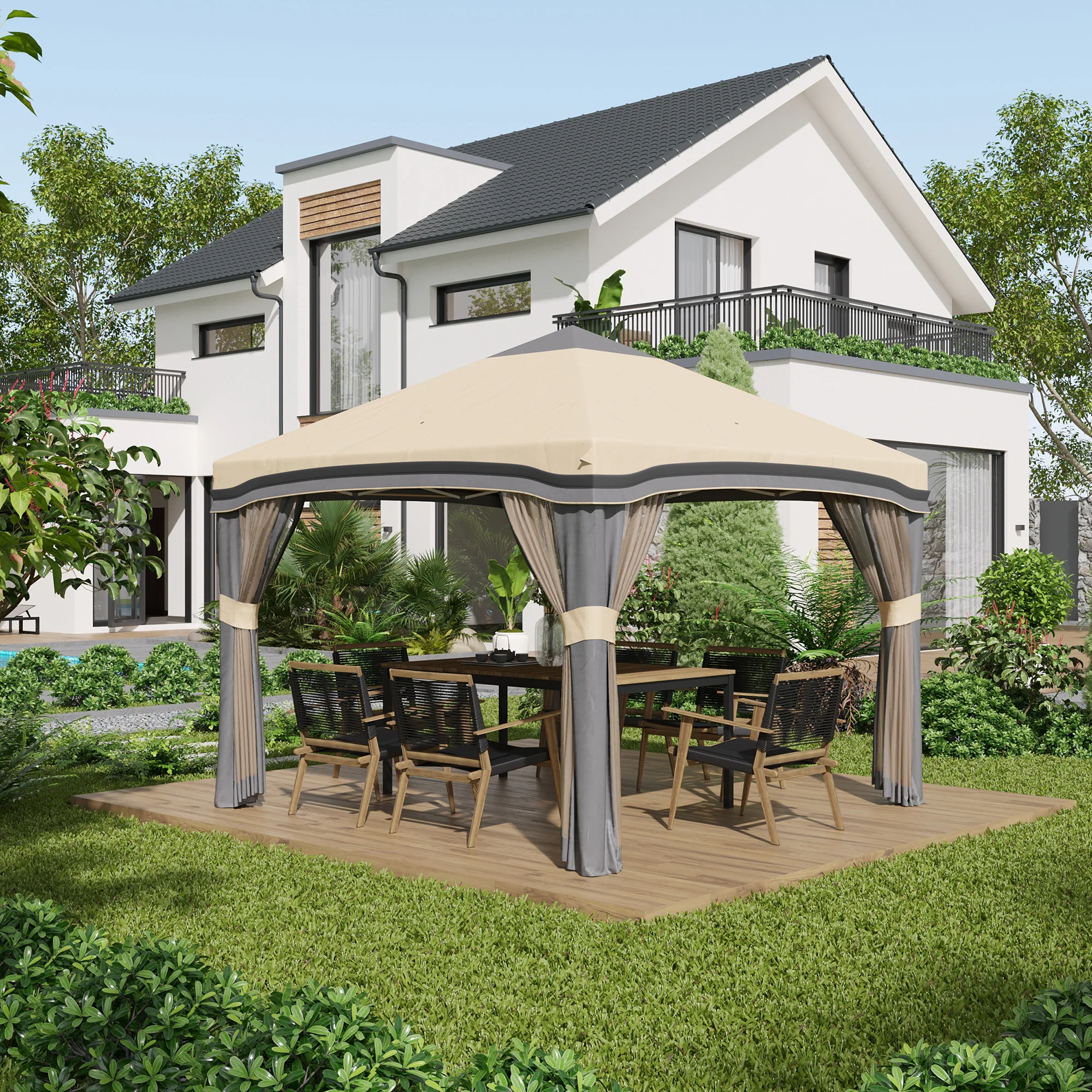 10' x 10' Adjustable Pop Up Canopy Tent with Netting, Wheeled Carry Bag, Sand Bags, Beige - Image 3