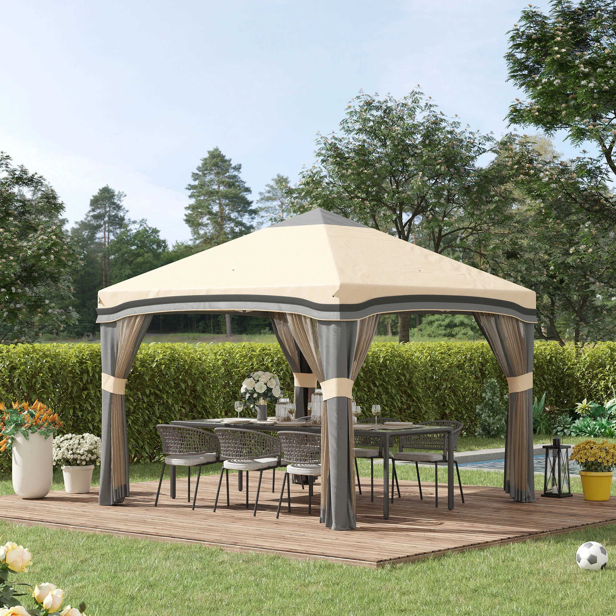 10' x 10' Adjustable Pop Up Canopy Tent with Netting, Wheeled Carry Bag, Sand Bags, Beige - Image 4