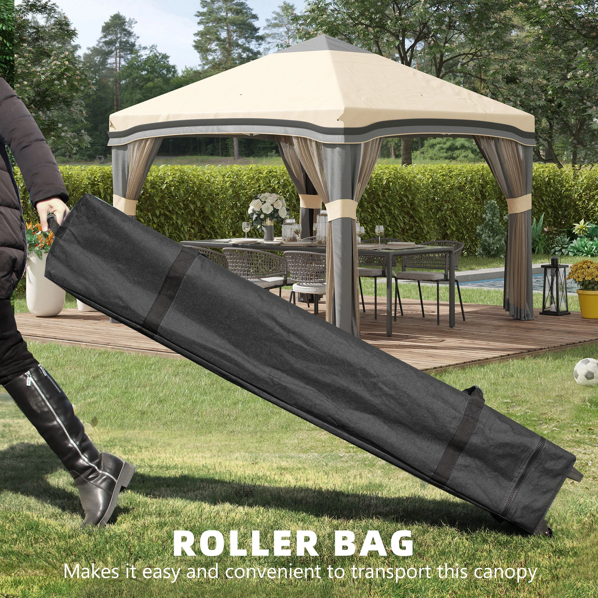 10' x 10' Adjustable Pop Up Canopy Tent with Netting, Wheeled Carry Bag, Sand Bags, Beige - Image 6