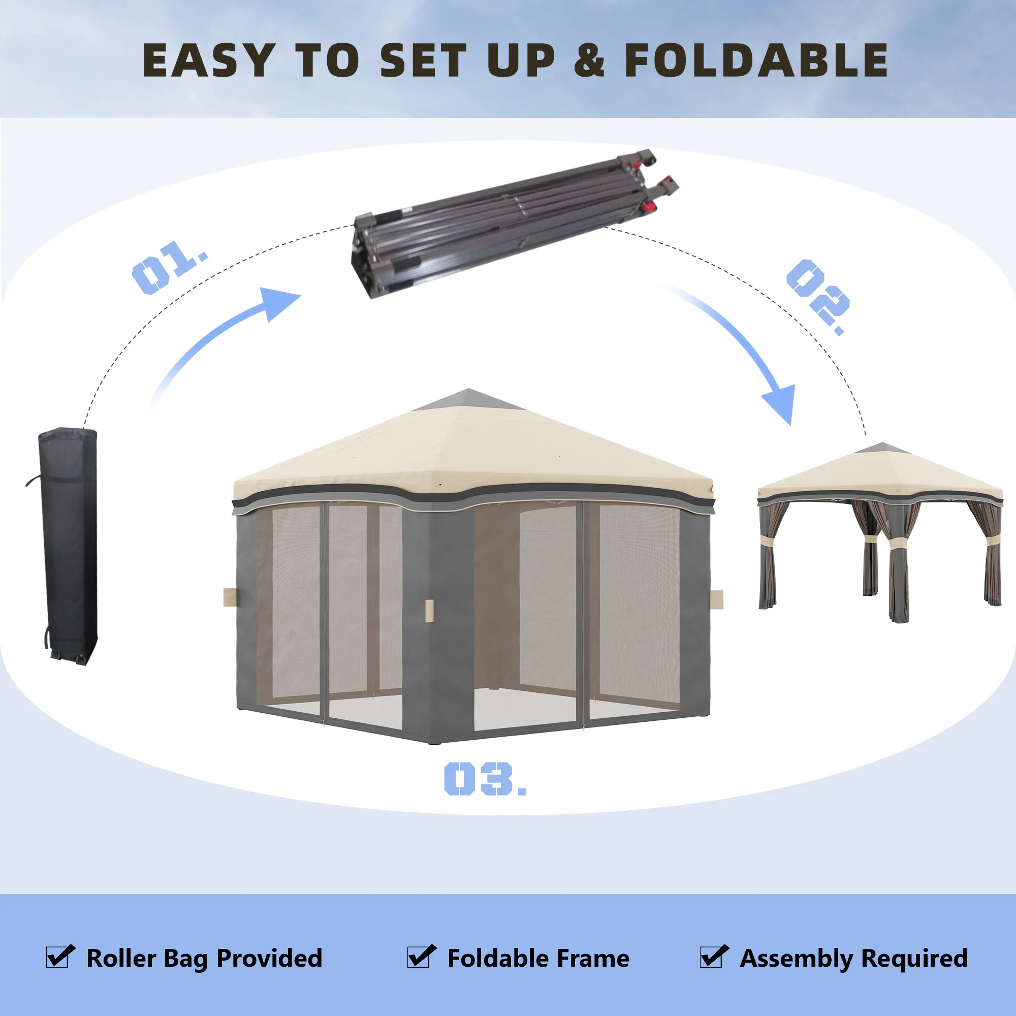 10' x 10' Adjustable Pop Up Canopy Tent with Netting, Wheeled Carry Bag, Sand Bags, Beige - Image 7