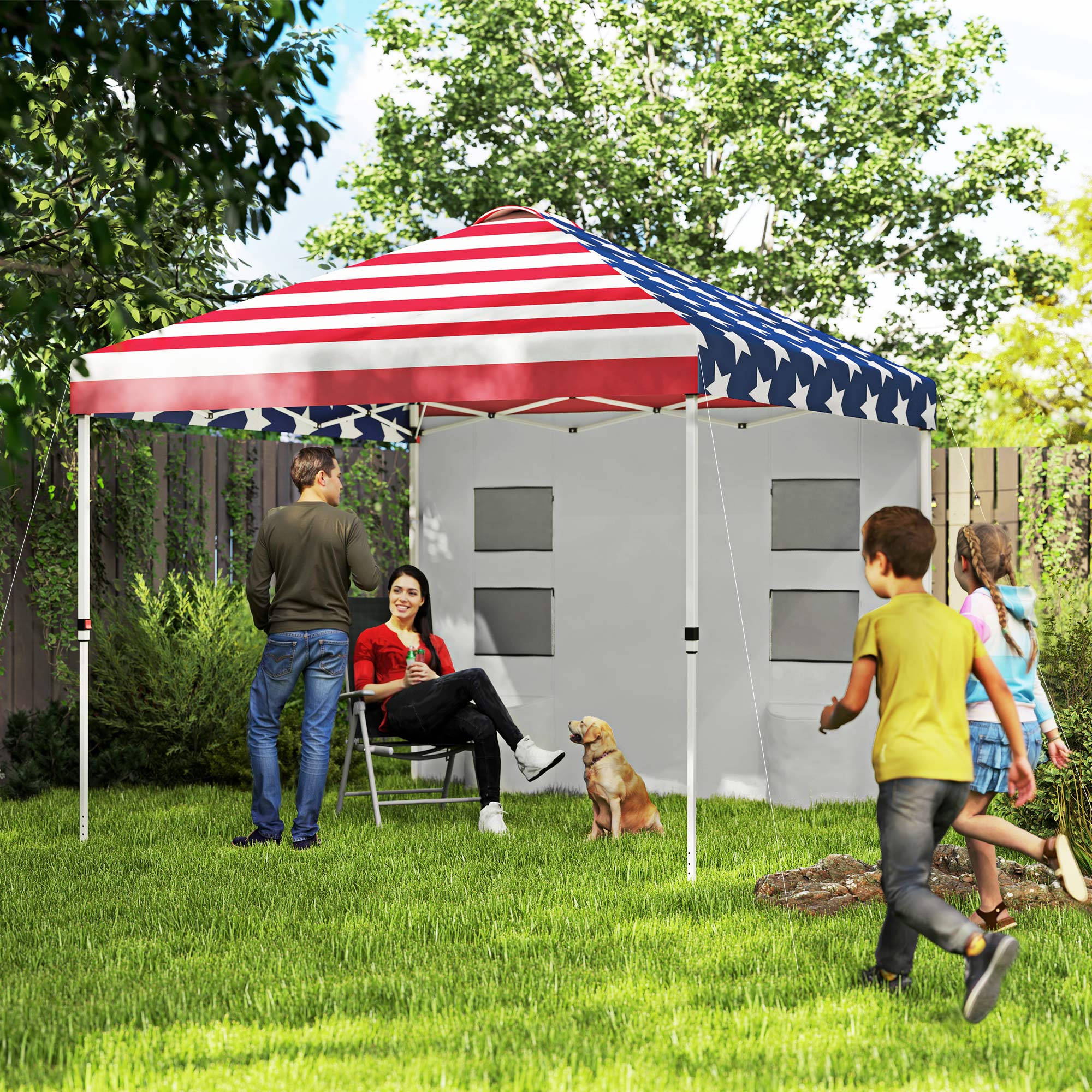 10' x 10' Instant Pop-up Canopy, Shade Shelter w/ Sidewalls & Storage Pockets, American Flag - Image 3