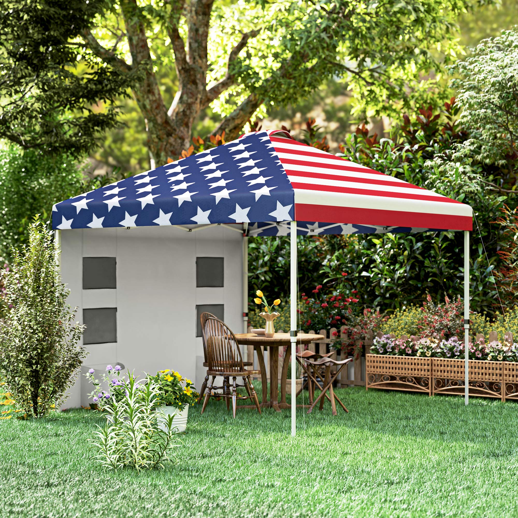 10' x 10' Instant Pop-up Canopy, Shade Shelter w/ Sidewalls & Storage Pockets, American Flag - Image 4
