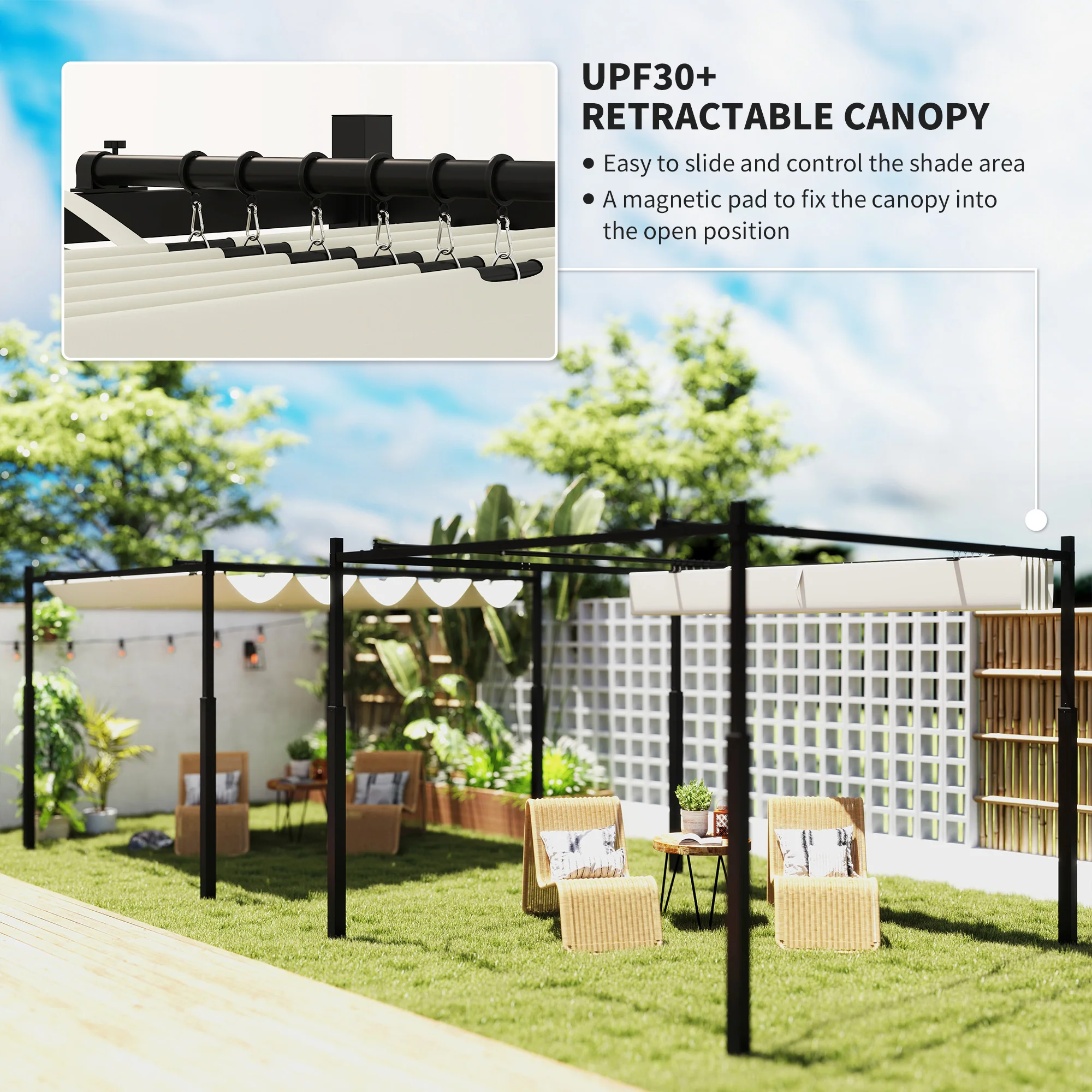 10' x 10' Retractable Pergola Canopy with Magnetic Fixture, UPF30+, Cream White - Image 6