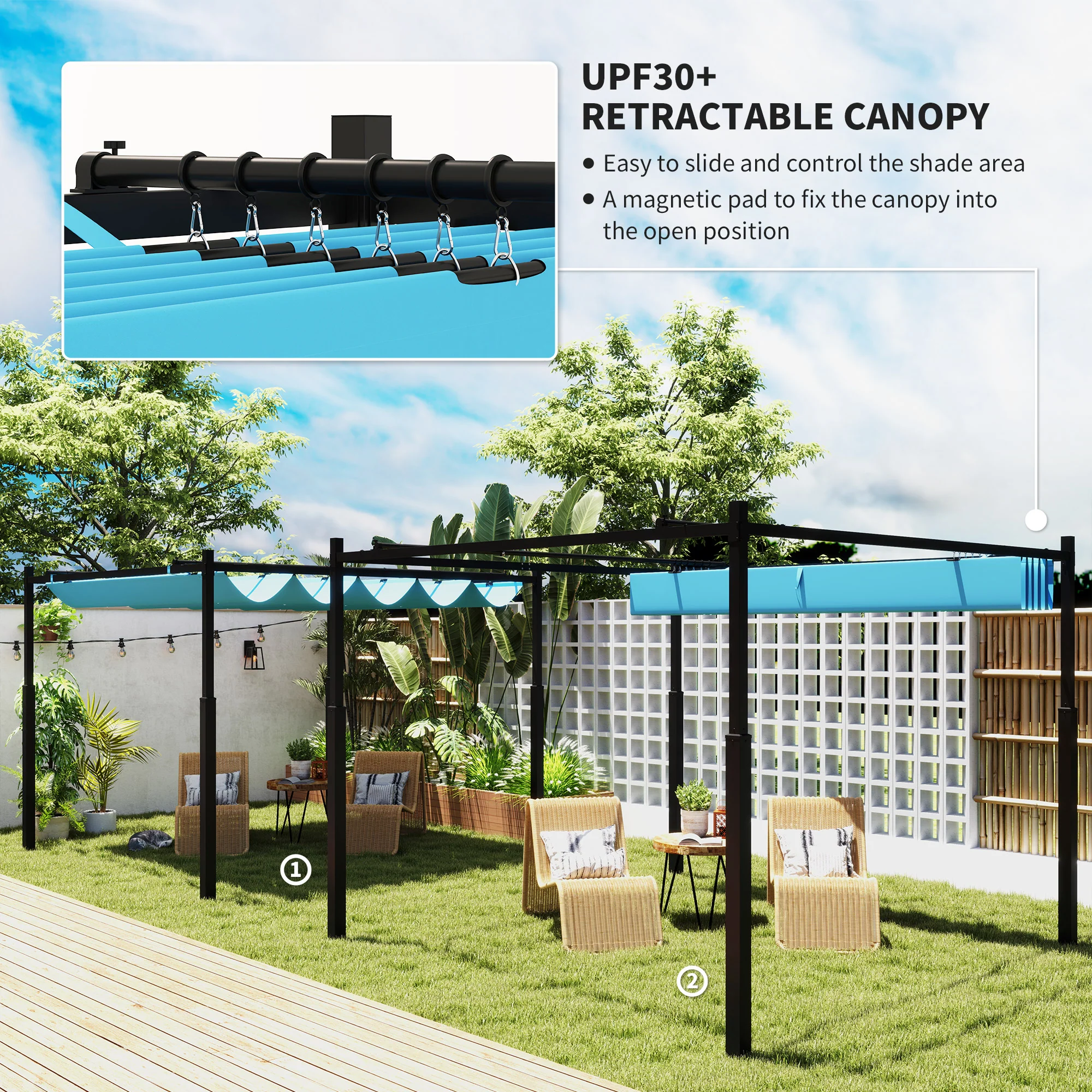 10' x 10' Retractable Pergola Canopy with Magnetic Fixture & UPF30+, Blue - Image 6