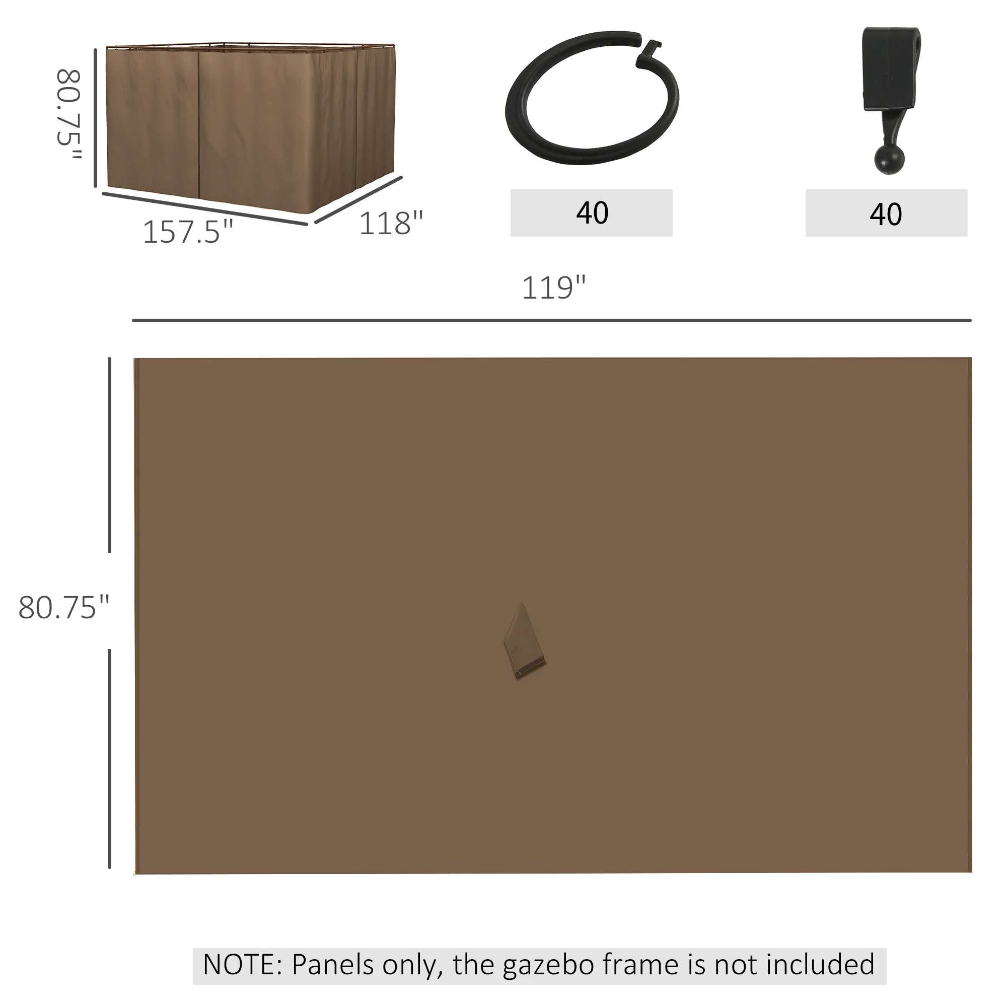 10' x 10' Gazebo Sidewall Set with Hooks/C-Rings, Brown - Image 5